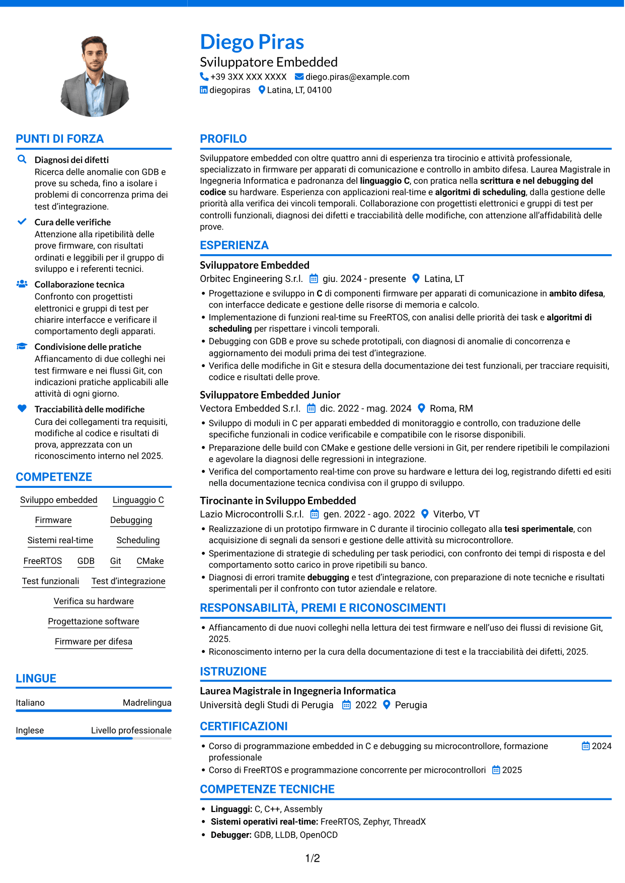 CV Audace (formato a due colonne con accenti colorati e foto): Sviluppatore Embedded - Sistemi real-time per la difesa, pagina 1
