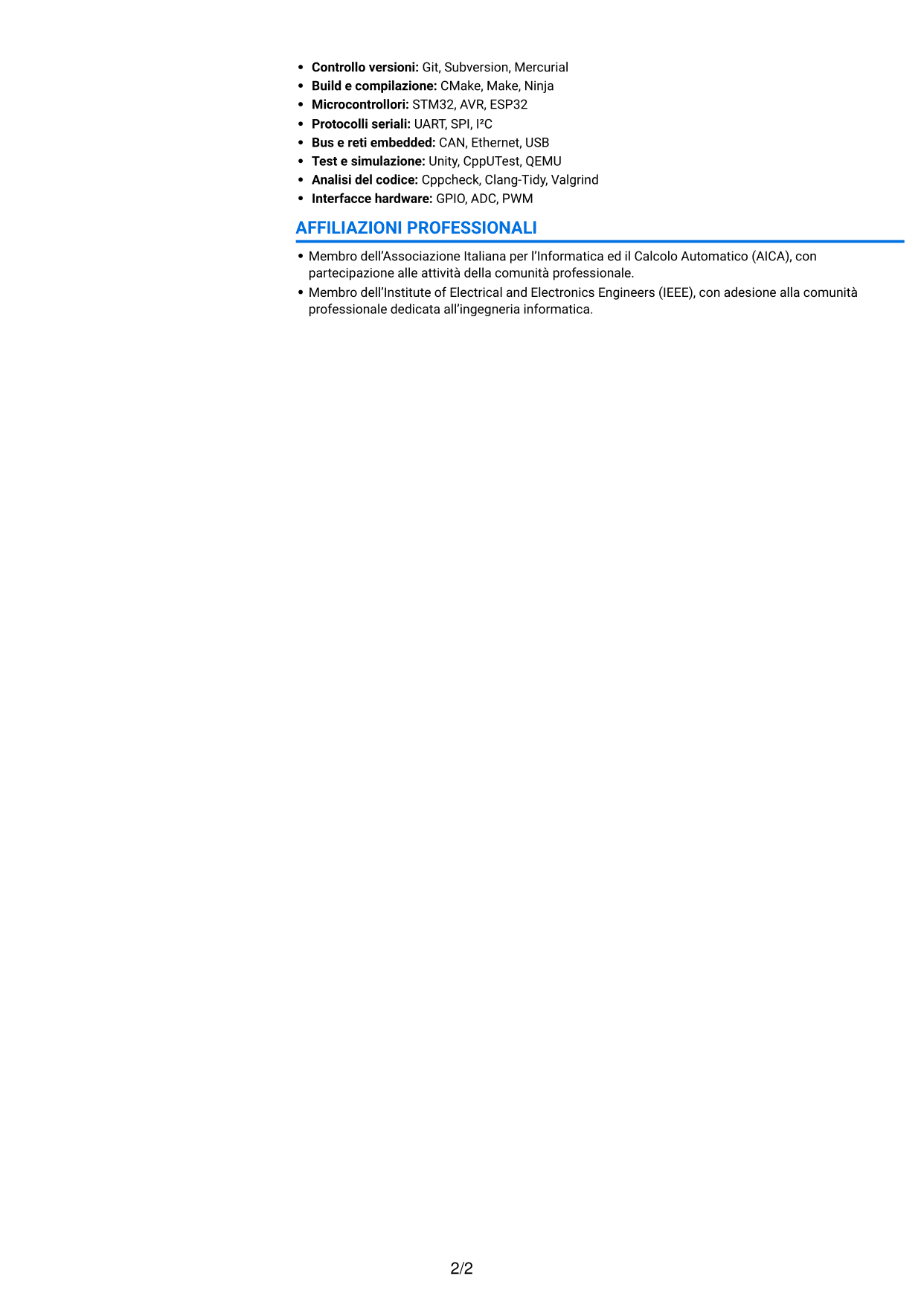 CV Audace (formato a due colonne con accenti colorati e foto): Sviluppatore Embedded - Sistemi real-time per la difesa, pagina 2