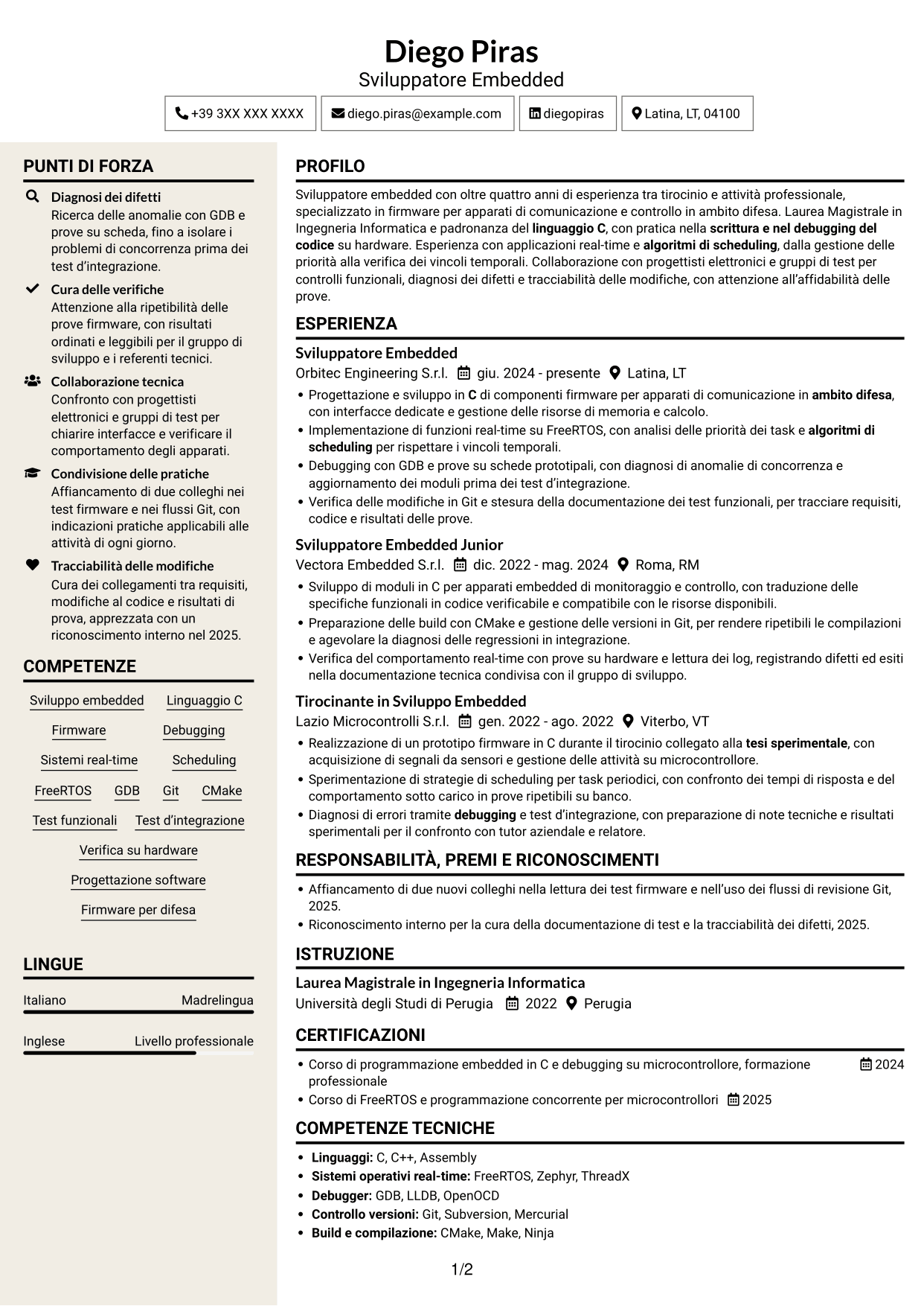 CV Intraprendente (formato a due colonne con intestazione centrata senza foto): Sviluppatore Embedded - Sistemi real-time per la difesa, pagina 1