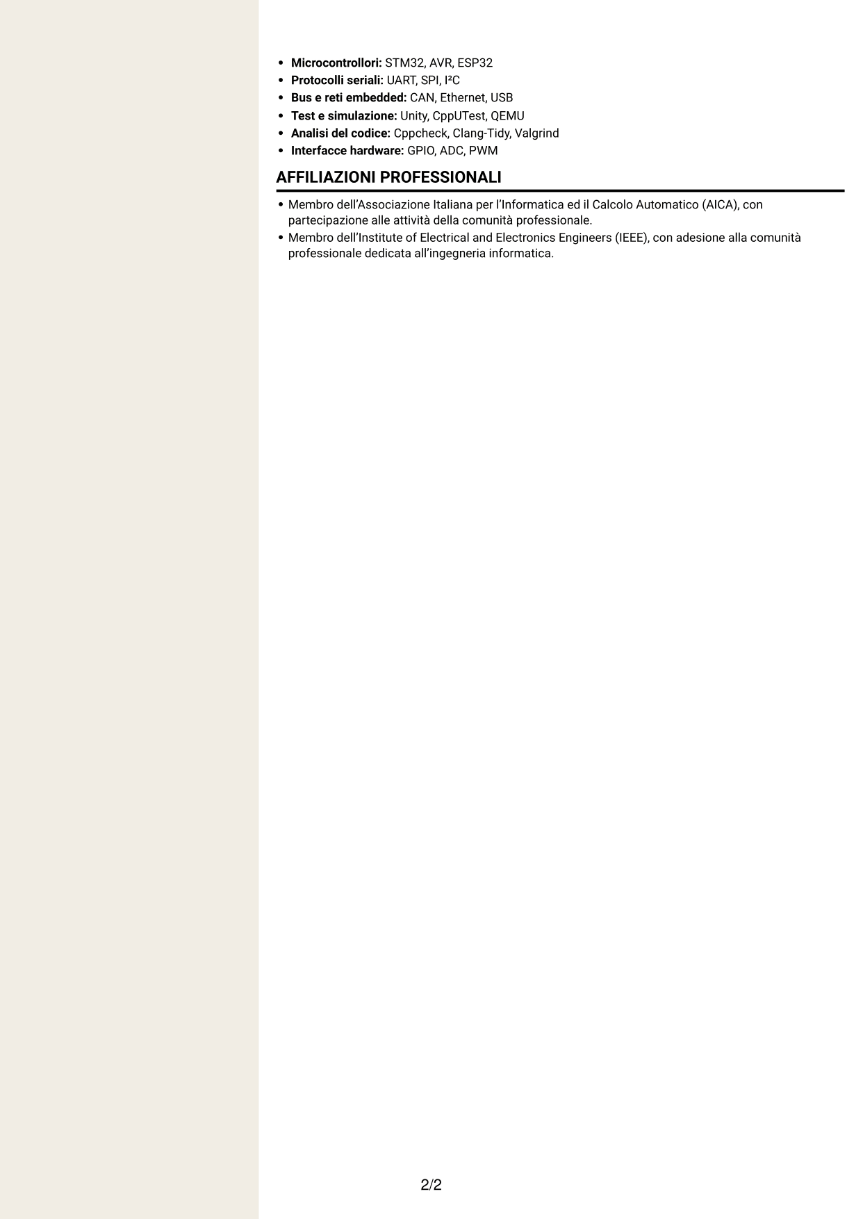 CV Intraprendente (formato a due colonne con intestazione centrata senza foto): Sviluppatore Embedded - Sistemi real-time per la difesa, pagina 2