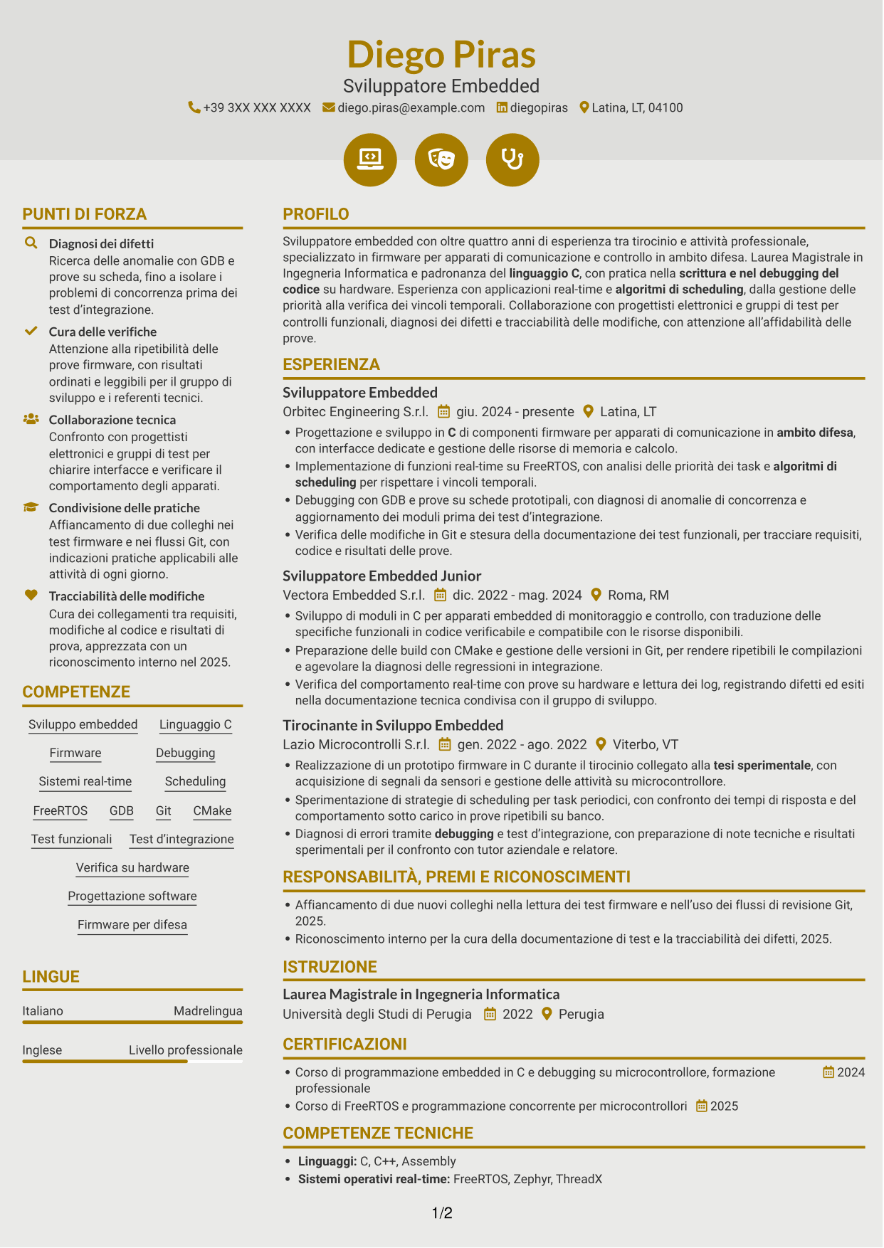 CV Dinamico (formato a due colonne con icone): Sviluppatore Embedded - Sistemi real-time per la difesa, pagina 1