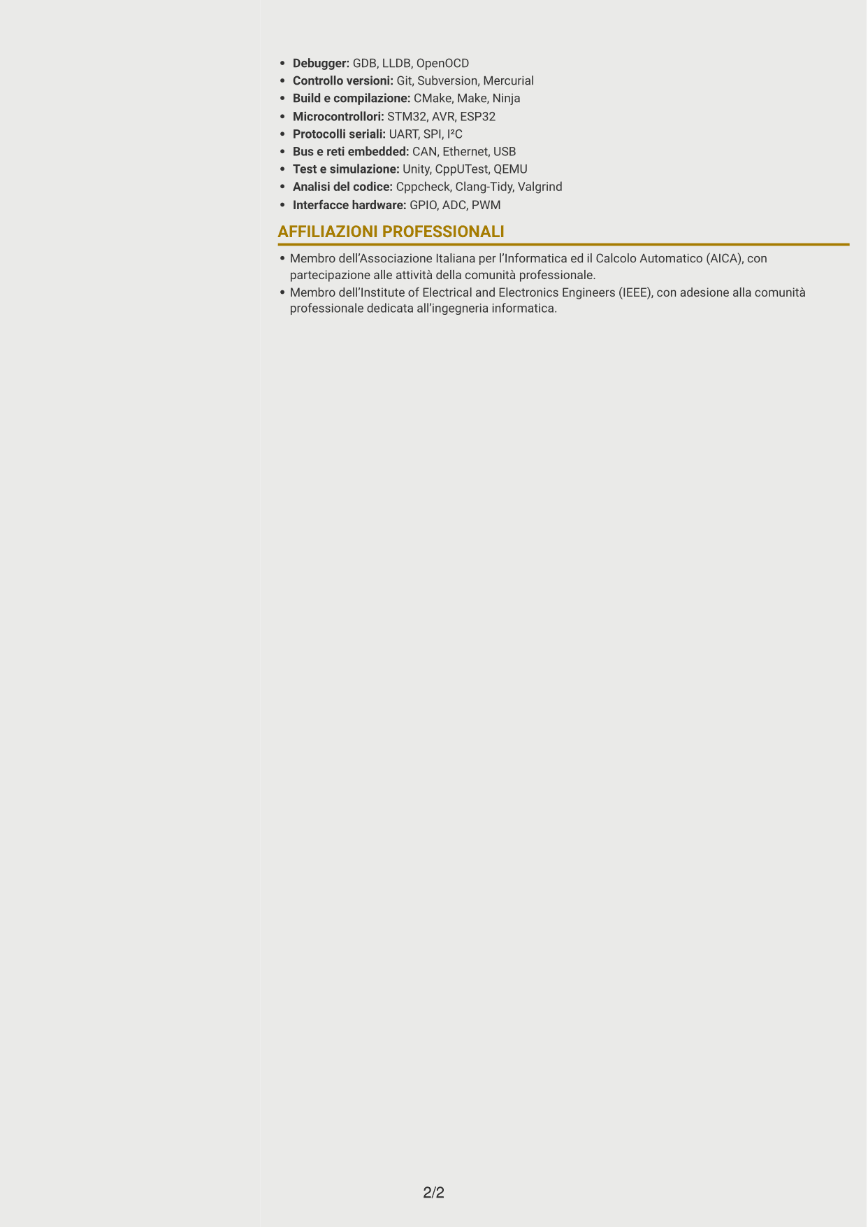 CV Dinamico (formato a due colonne con icone): Sviluppatore Embedded - Sistemi real-time per la difesa, pagina 2
