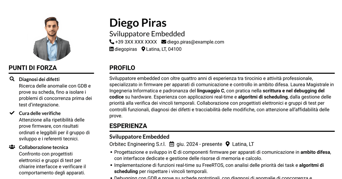 7 modelli di CV per Sviluppatore Embedded - Sistemi real-time per la difesa, con esempi