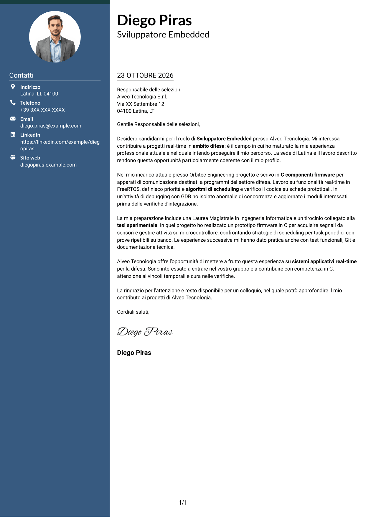Lettera di presentazione Elegante (formato con colonna laterale colorata e foto): Sviluppatore Embedded - Sistemi real-time per la difesa, pagina 1