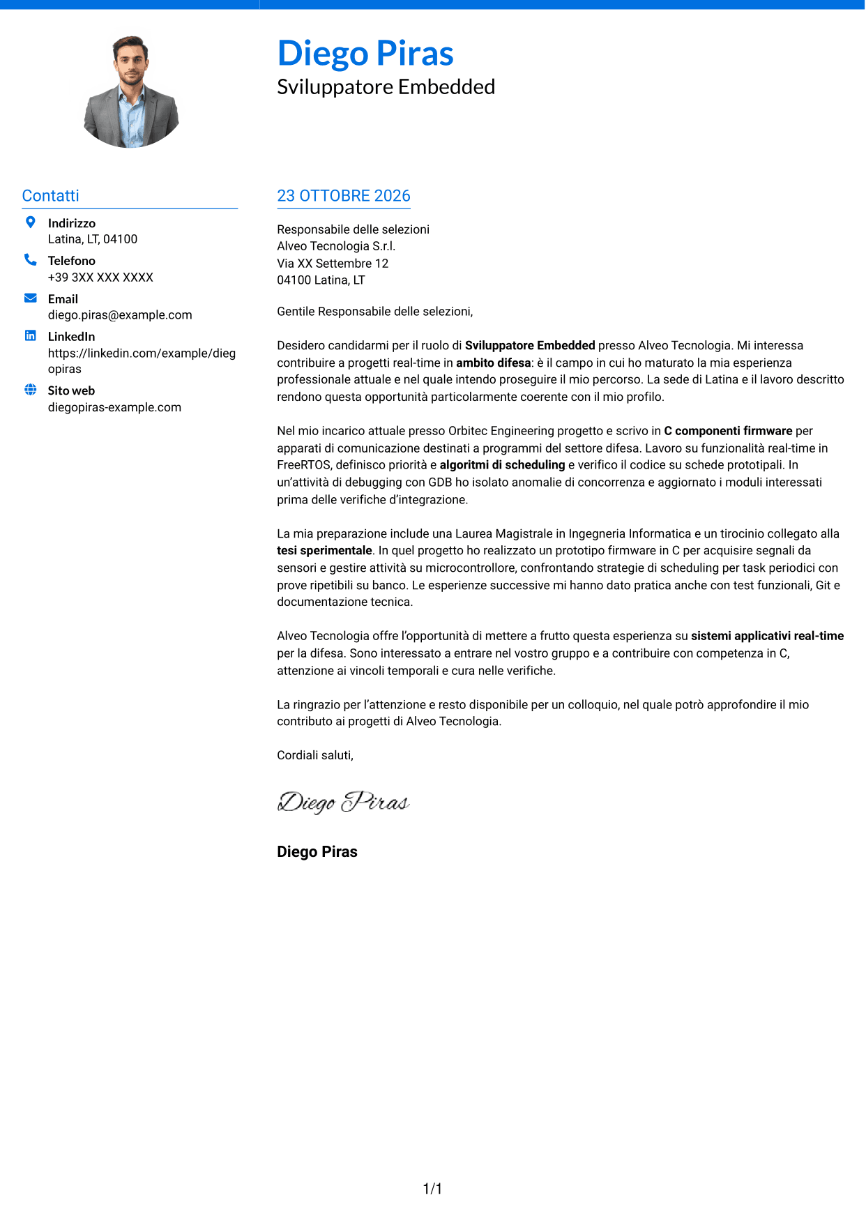 Lettera di presentazione Audace (formato a due colonne con accenti colorati e foto): Sviluppatore Embedded - Sistemi real-time per la difesa, pagina 1