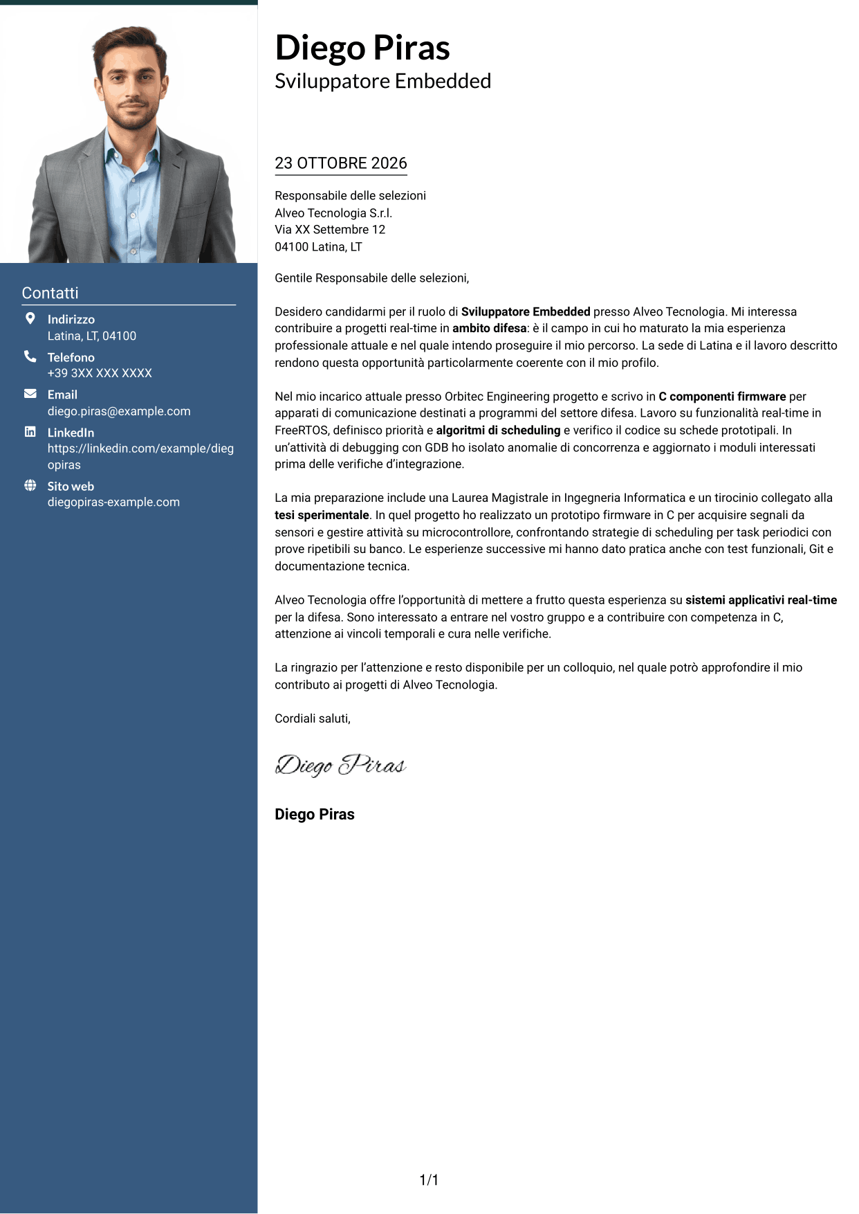 Lettera di presentazione Signature (formato con colonna laterale colorata e foto grande): Sviluppatore Embedded - Sistemi real-time per la difesa, pagina 1