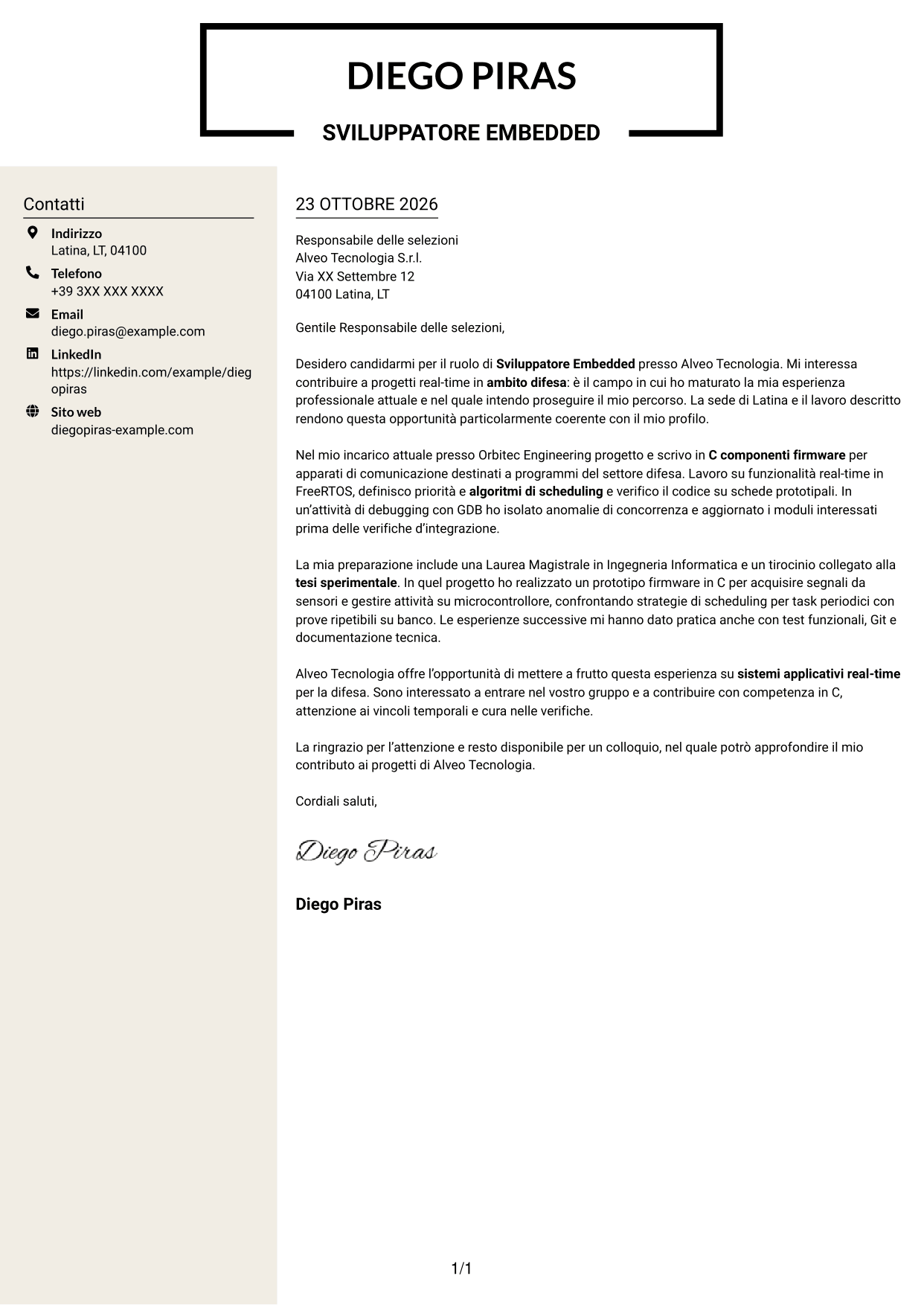Lettera di presentazione Intraprendente (formato a due colonne con intestazione centrata senza foto): Sviluppatore Embedded - Sistemi real-time per la difesa, pagina 1