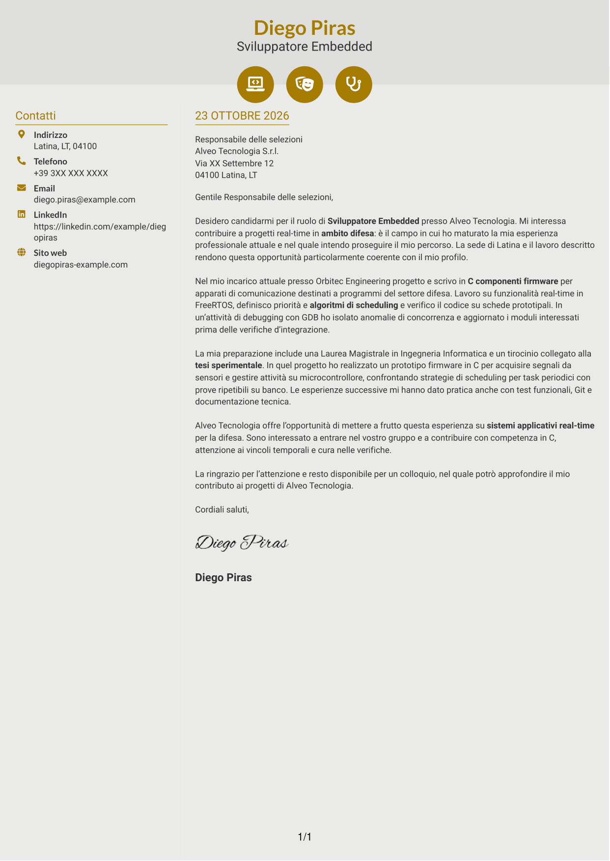 Lettera di presentazione Dinamico (formato a due colonne con icone): Sviluppatore Embedded - Sistemi real-time per la difesa, pagina 1