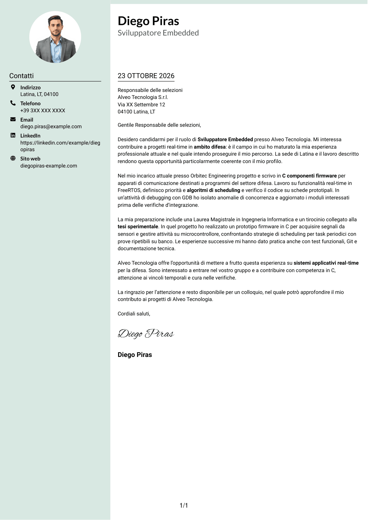 Lettera di presentazione Dirigente (formato con colonna laterale tenue e foto arrotondata): Sviluppatore Embedded - Sistemi real-time per la difesa, pagina 1