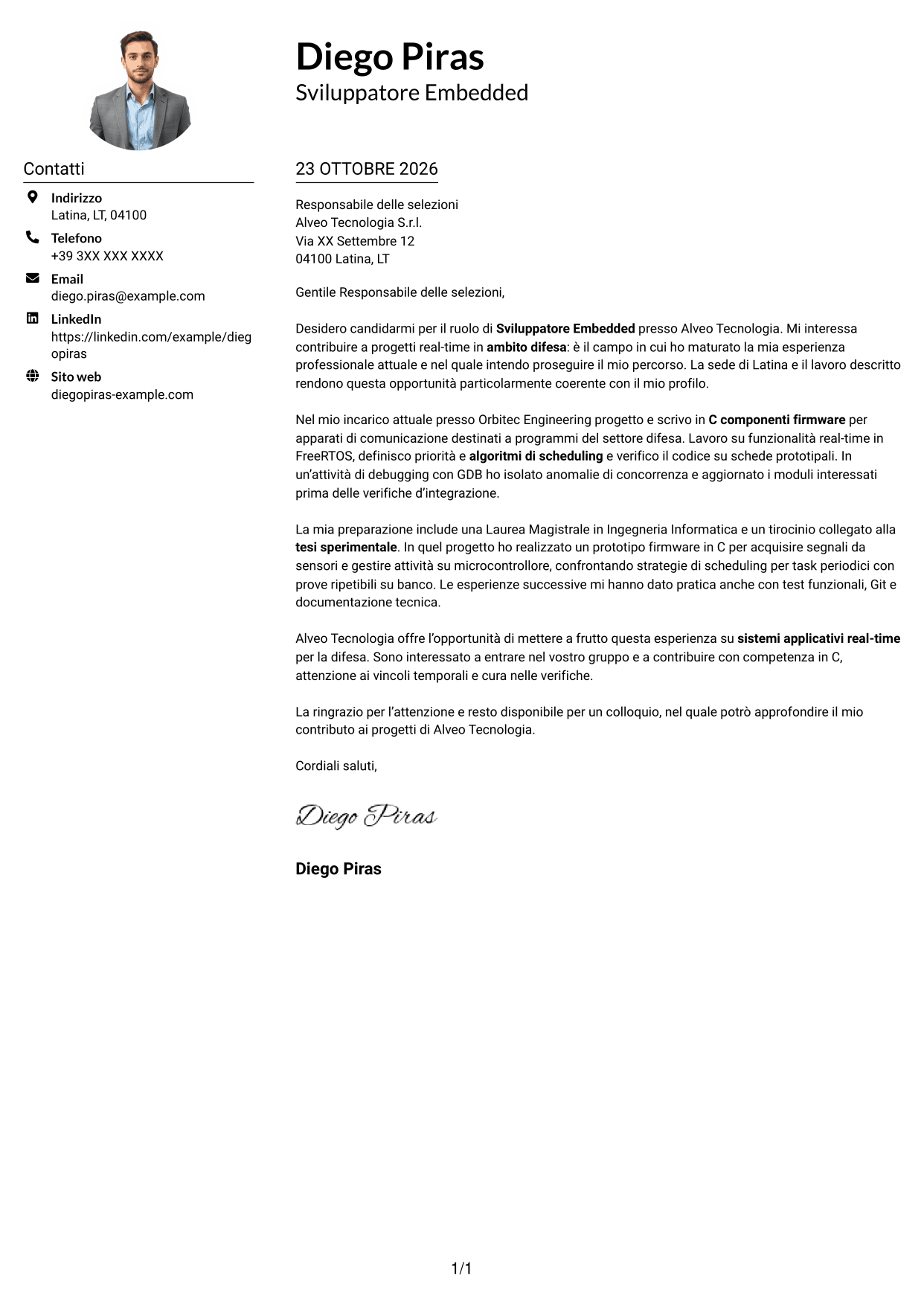Esempio di lettera di presentazione — pagina 1