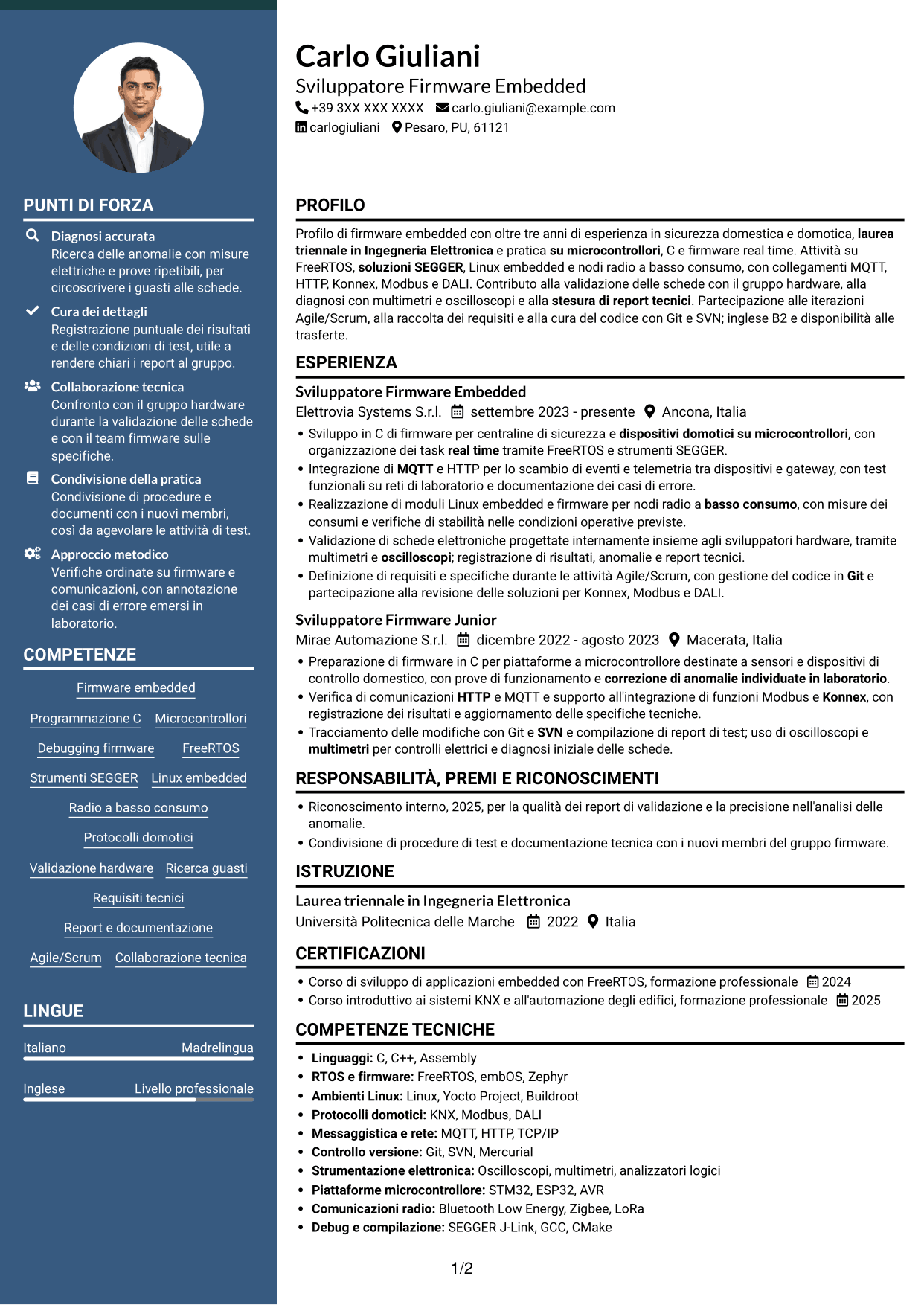 CV Elegante (formato con colonna laterale colorata e foto): Sviluppatore Firmware - Domotica, pagina 1