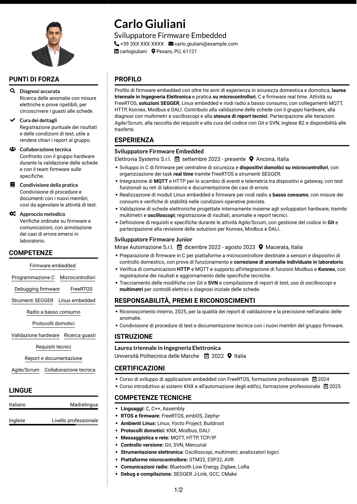 CV Moderno (formato a due colonne con foto a sinistra e separatore): Sviluppatore Firmware - Domotica, pagina 1