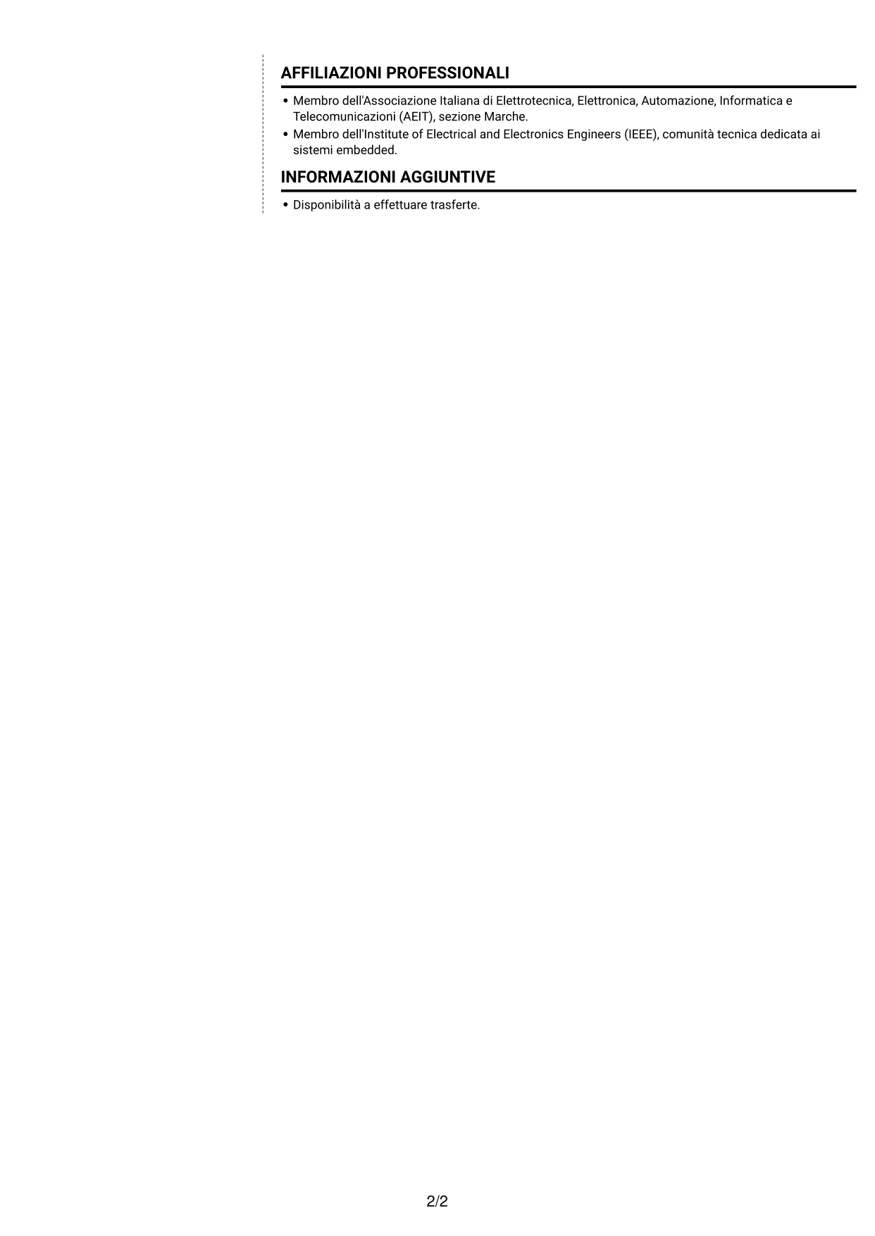 CV Moderno (formato a due colonne con foto a sinistra e separatore): Sviluppatore Firmware - Domotica, pagina 2