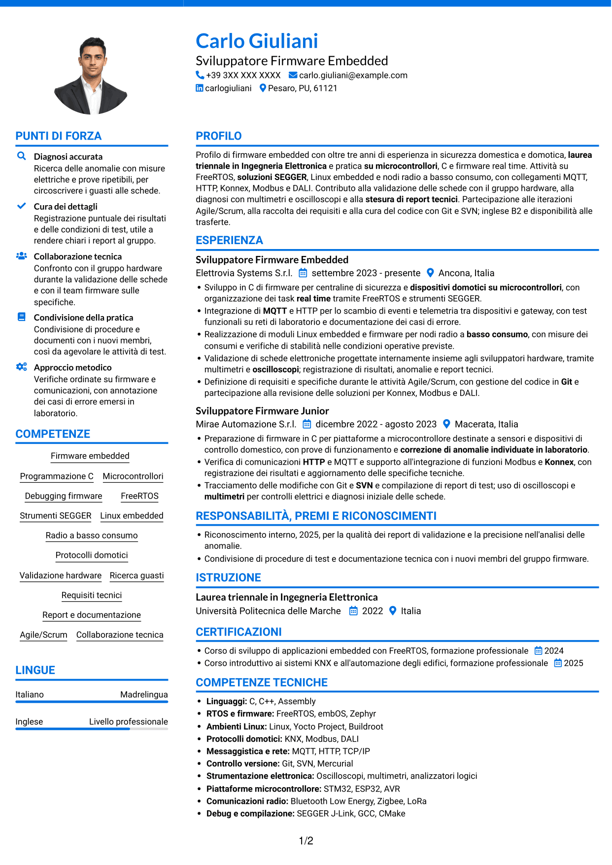 CV Audace (formato a due colonne con accenti colorati e foto): Sviluppatore Firmware - Domotica, pagina 1