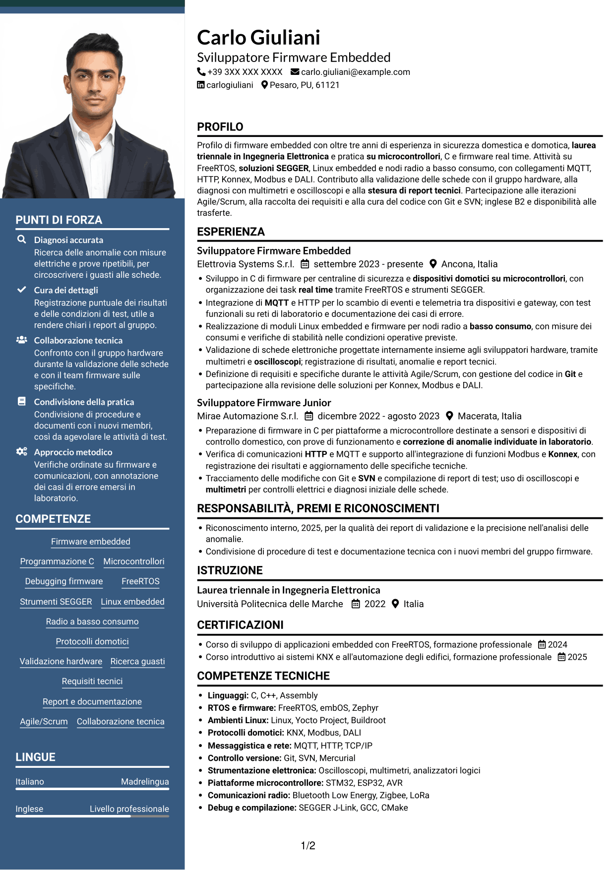 CV Signature (formato con colonna laterale colorata e foto grande): Sviluppatore Firmware - Domotica, pagina 1