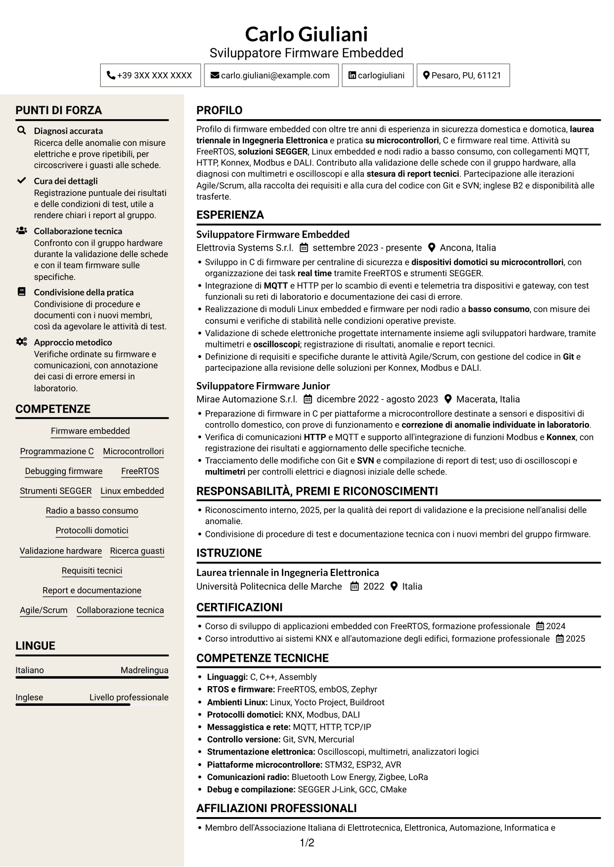 CV Intraprendente (formato a due colonne con intestazione centrata senza foto): Sviluppatore Firmware - Domotica, pagina 1