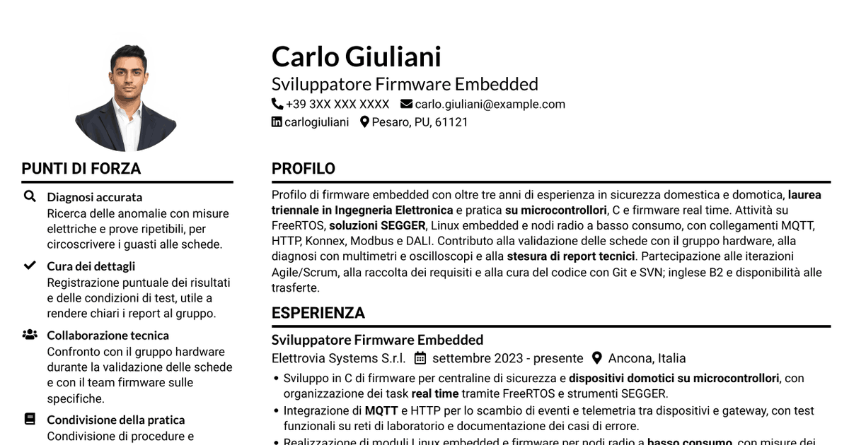 7 modelli di CV per Sviluppatore Firmware - Domotica, con esempi