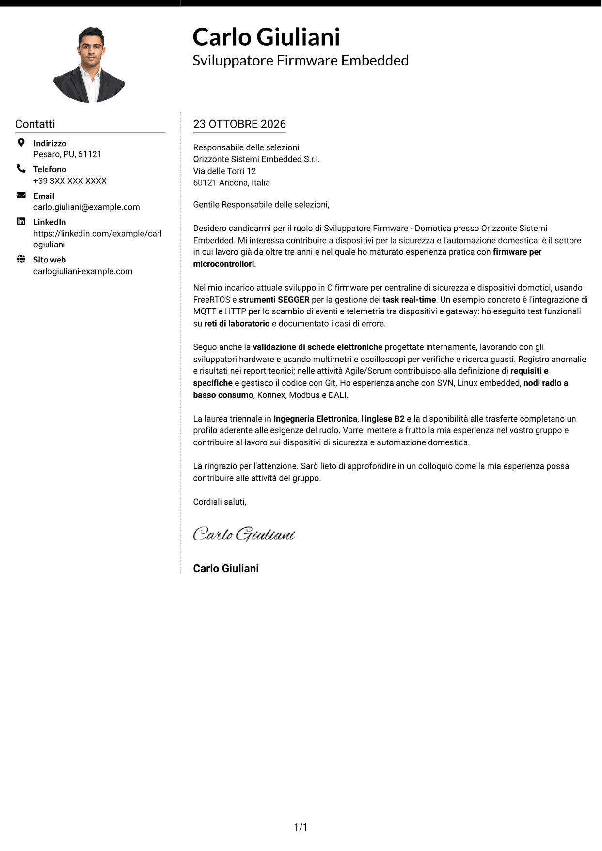 Lettera di presentazione Moderno (formato a due colonne con foto a sinistra e separatore): Sviluppatore Firmware - Domotica, pagina 1