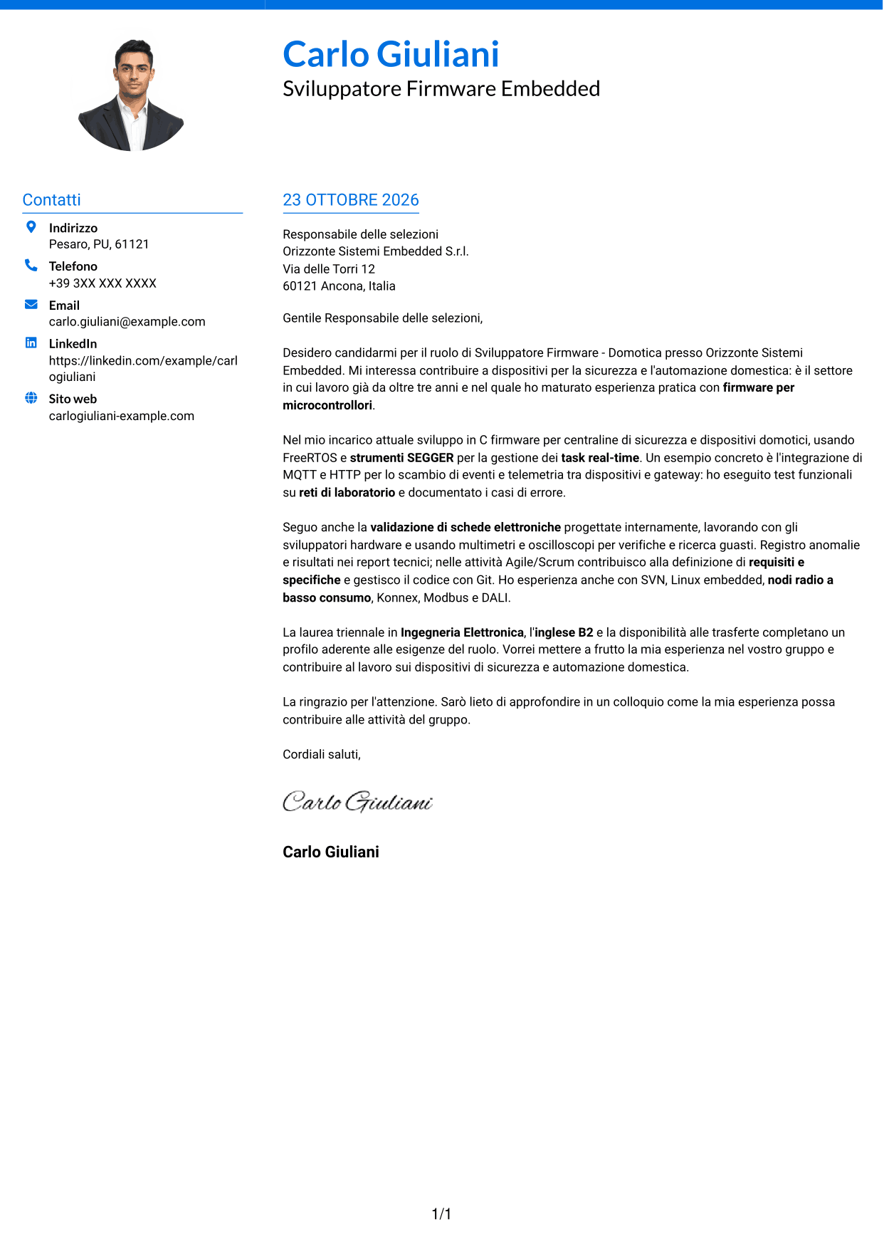 Lettera di presentazione Audace (formato a due colonne con accenti colorati e foto): Sviluppatore Firmware - Domotica, pagina 1