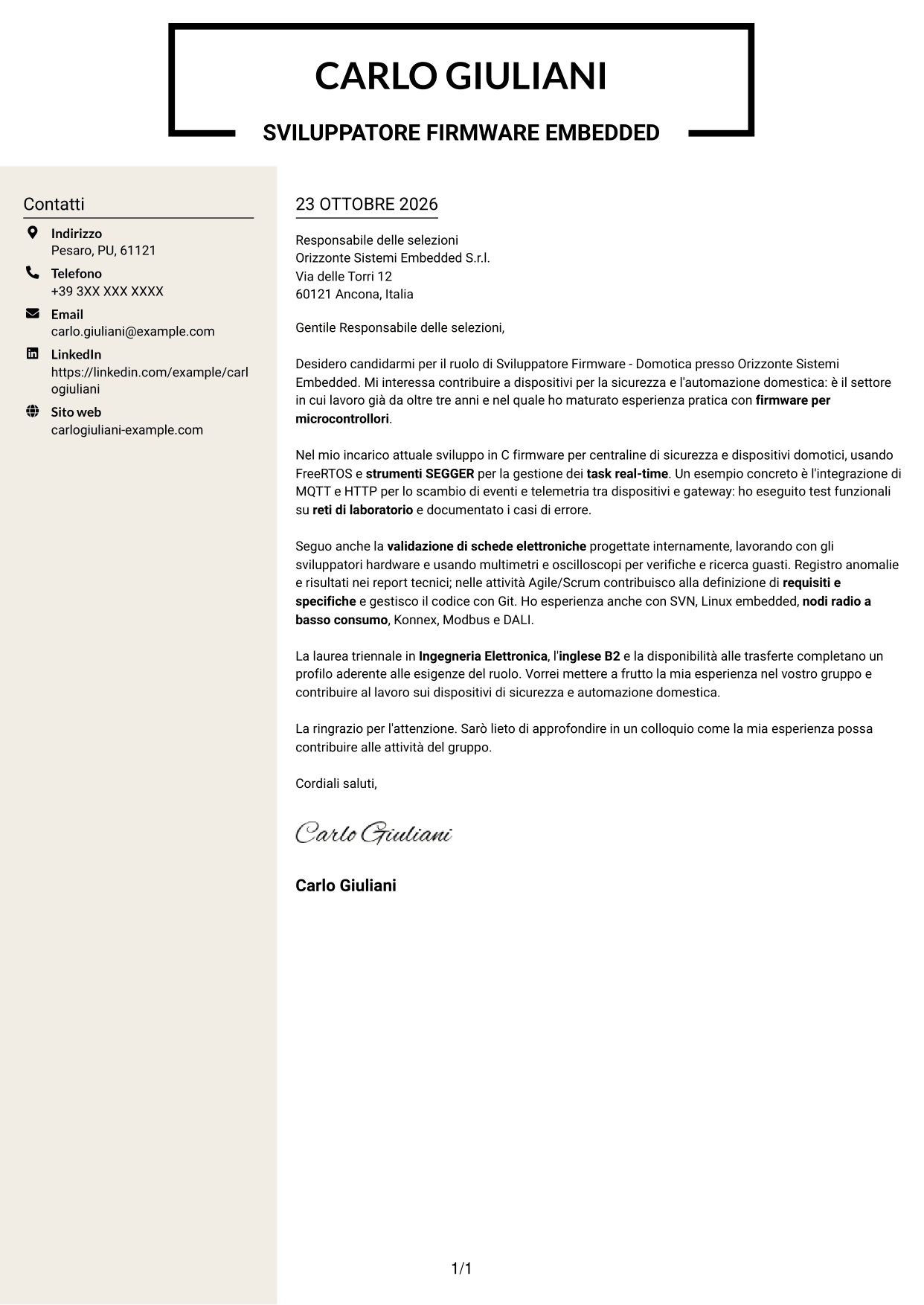 Lettera di presentazione Intraprendente (formato a due colonne con intestazione centrata senza foto): Sviluppatore Firmware - Domotica, pagina 1