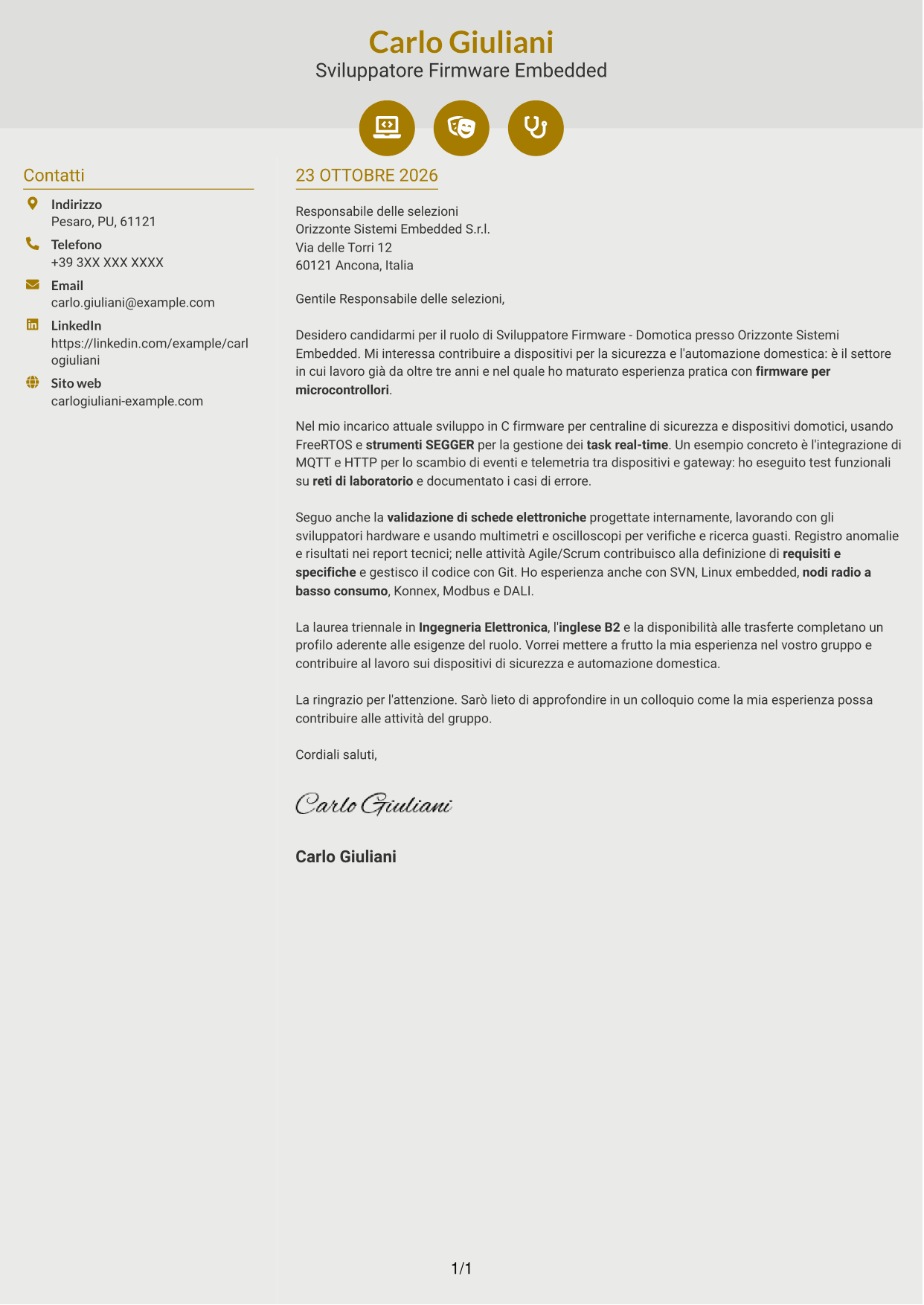 Lettera di presentazione Dinamico (formato a due colonne con icone): Sviluppatore Firmware - Domotica, pagina 1
