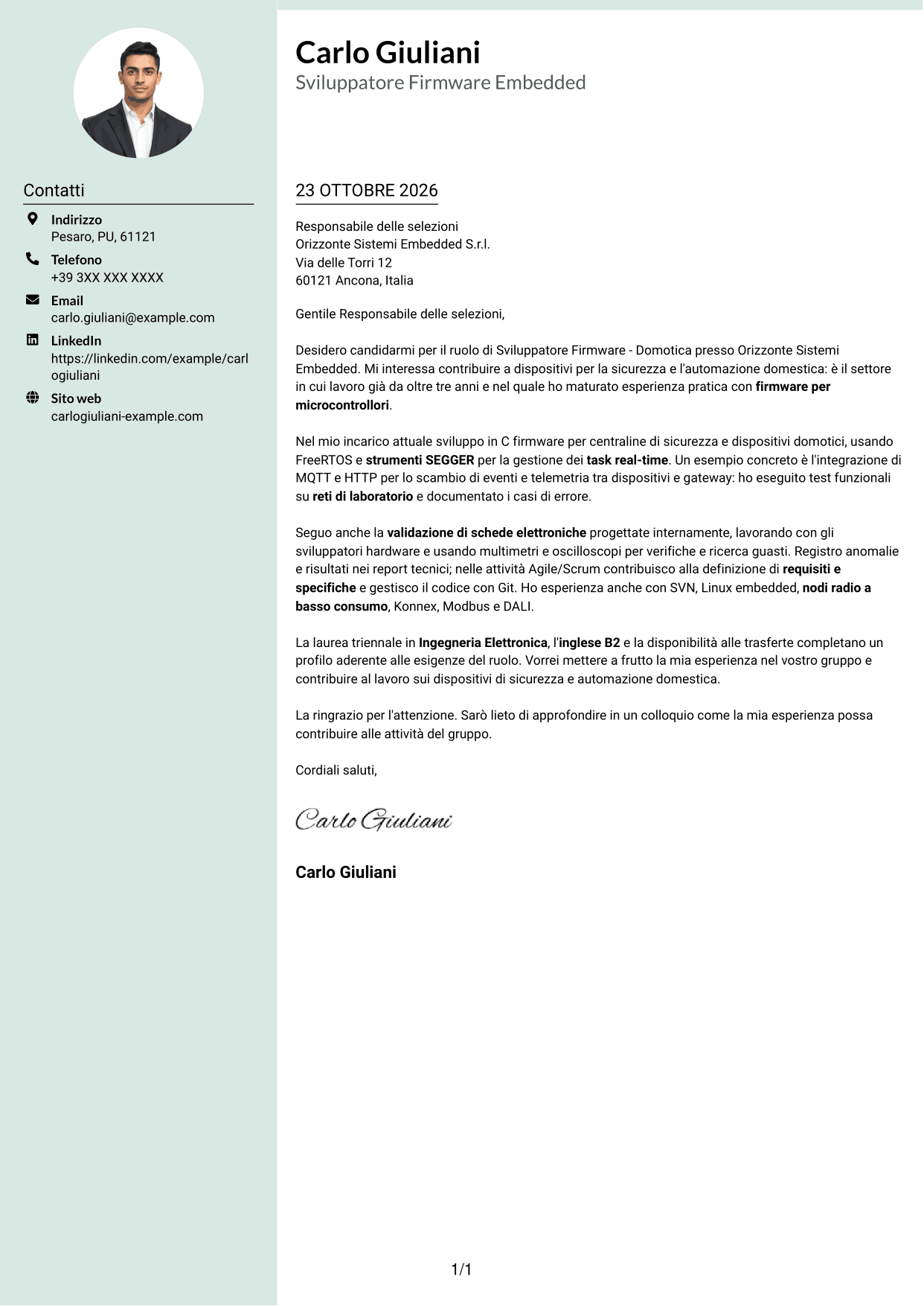 Lettera di presentazione Dirigente (formato con colonna laterale tenue e foto arrotondata): Sviluppatore Firmware - Domotica, pagina 1