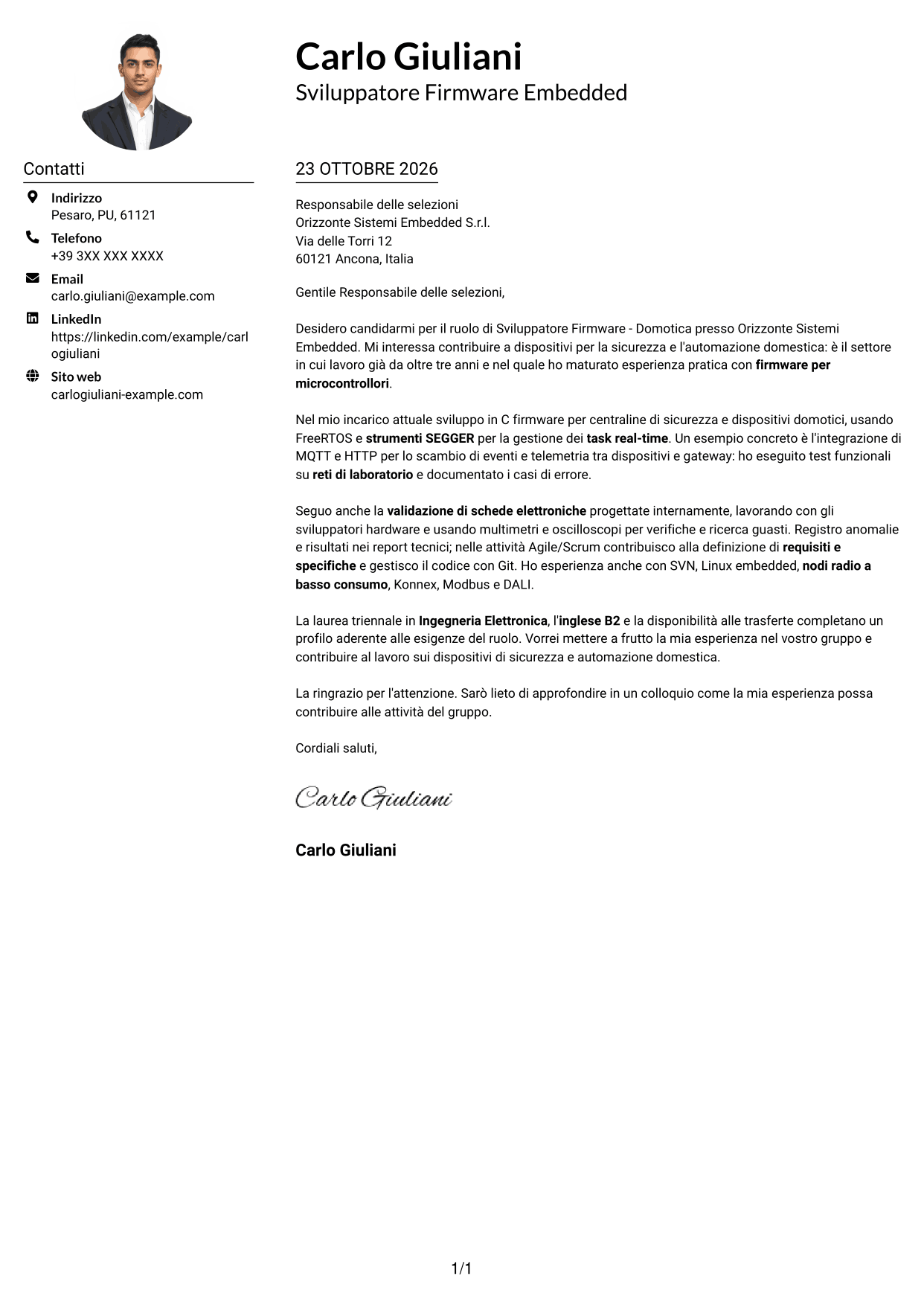 Esempio di lettera di presentazione — pagina 1