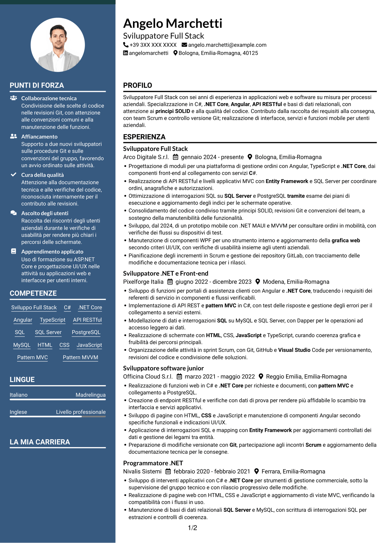 CV Elegante (formato con colonna laterale colorata e foto): Sviluppatore Full Stack - Angular e .NET, pagina 1