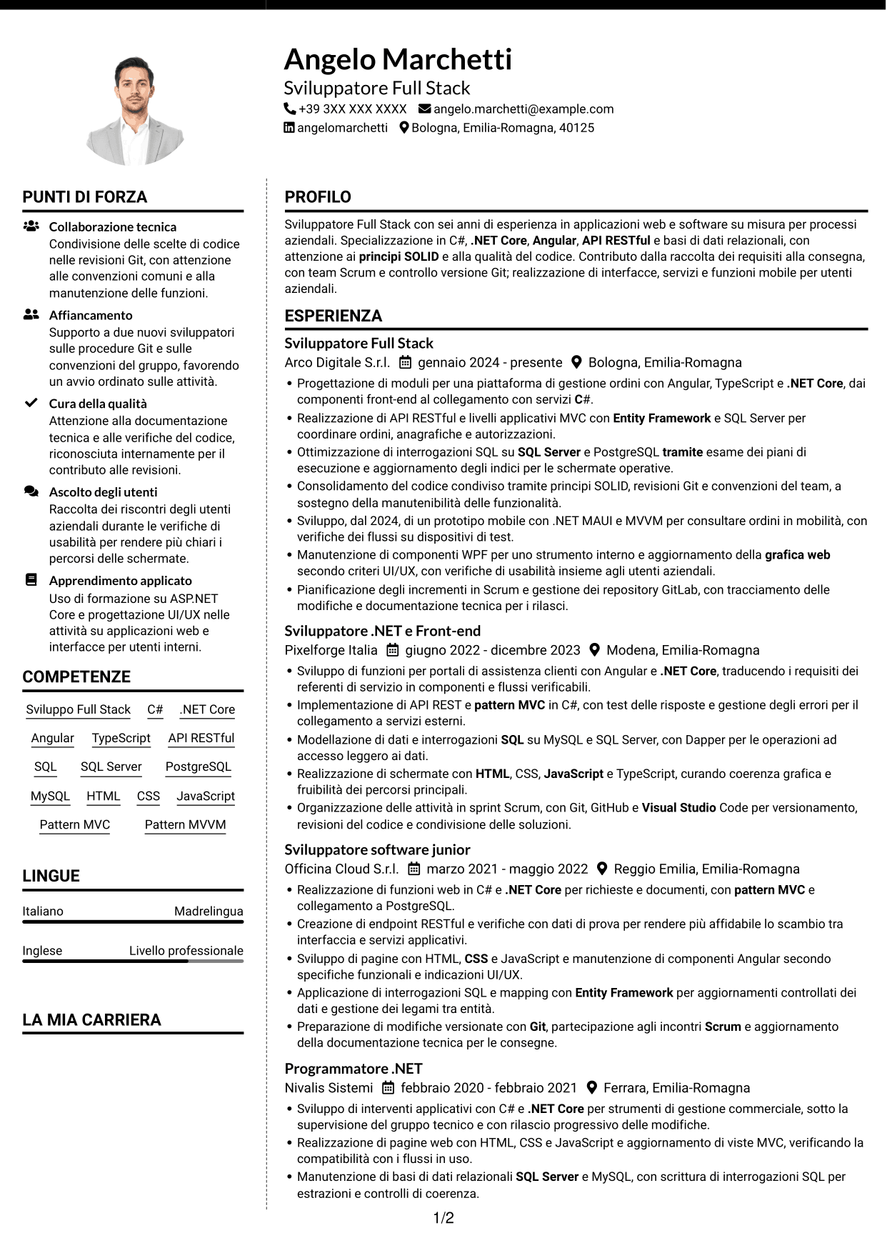 CV Moderno (formato a due colonne con foto a sinistra e separatore): Sviluppatore Full Stack - Angular e .NET, pagina 1