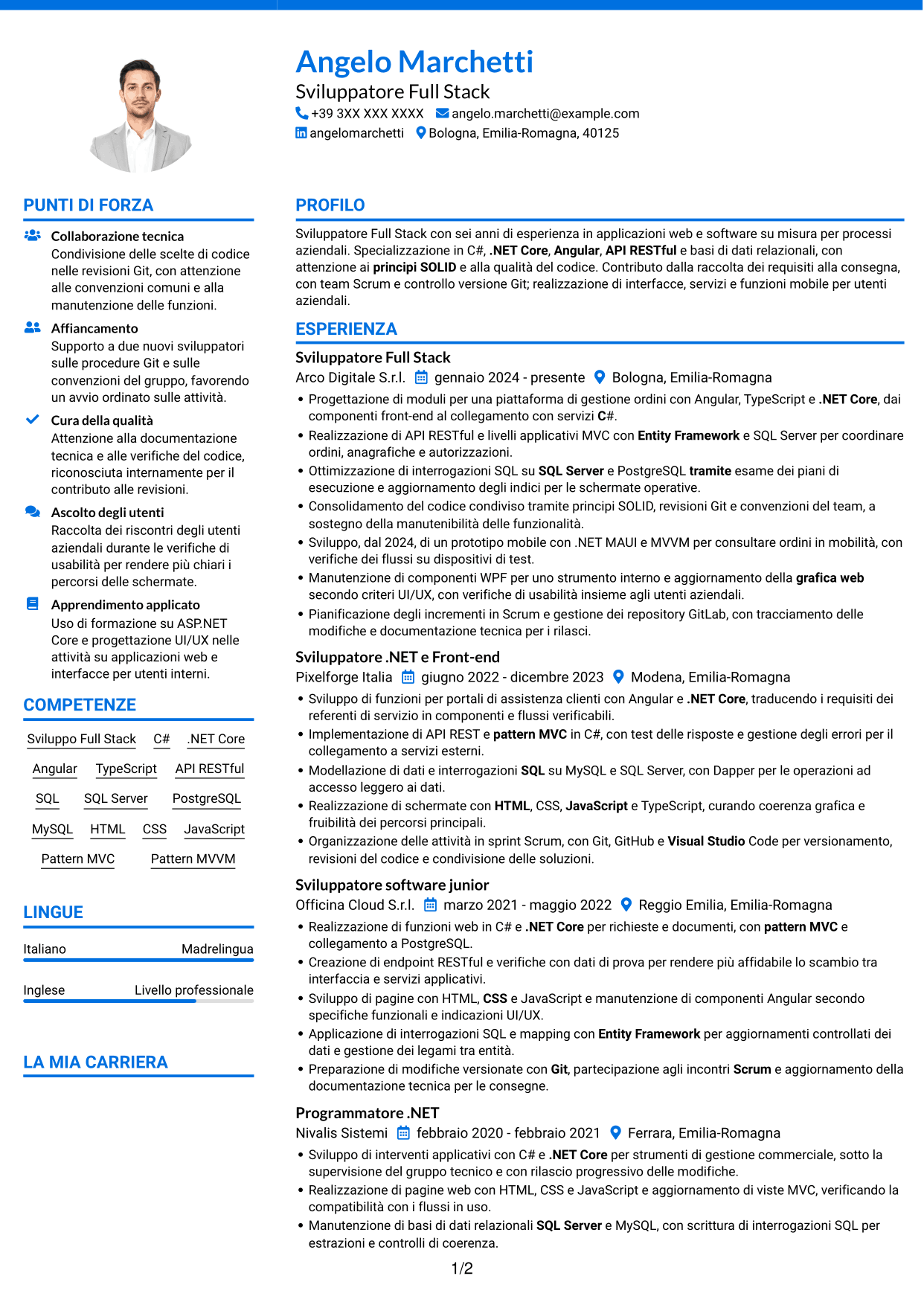 CV Audace (formato a due colonne con accenti colorati e foto): Sviluppatore Full Stack - Angular e .NET, pagina 1