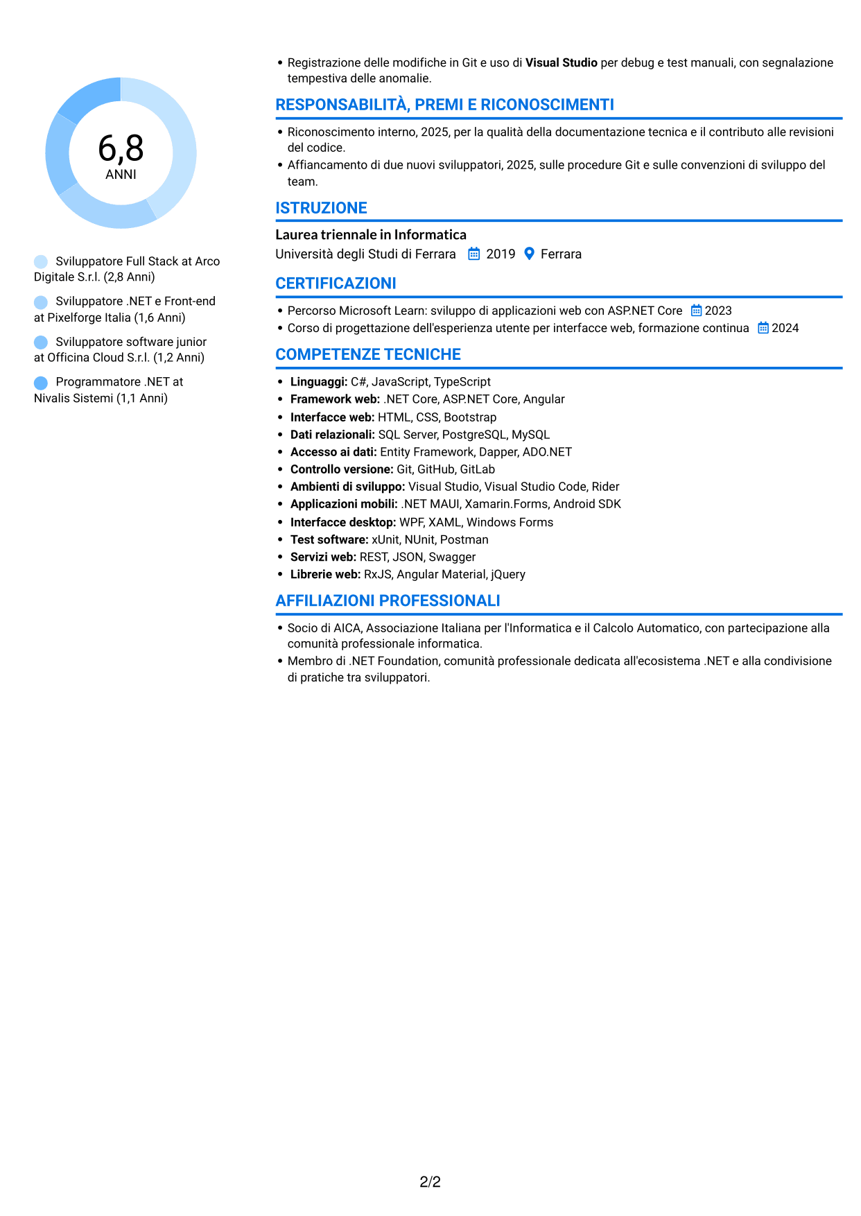 CV Audace (formato a due colonne con accenti colorati e foto): Sviluppatore Full Stack - Angular e .NET, pagina 2