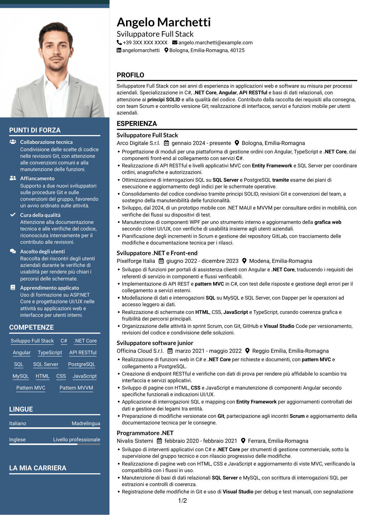 CV Signature (formato con colonna laterale colorata e foto grande): Sviluppatore Full Stack - Angular e .NET, pagina 1