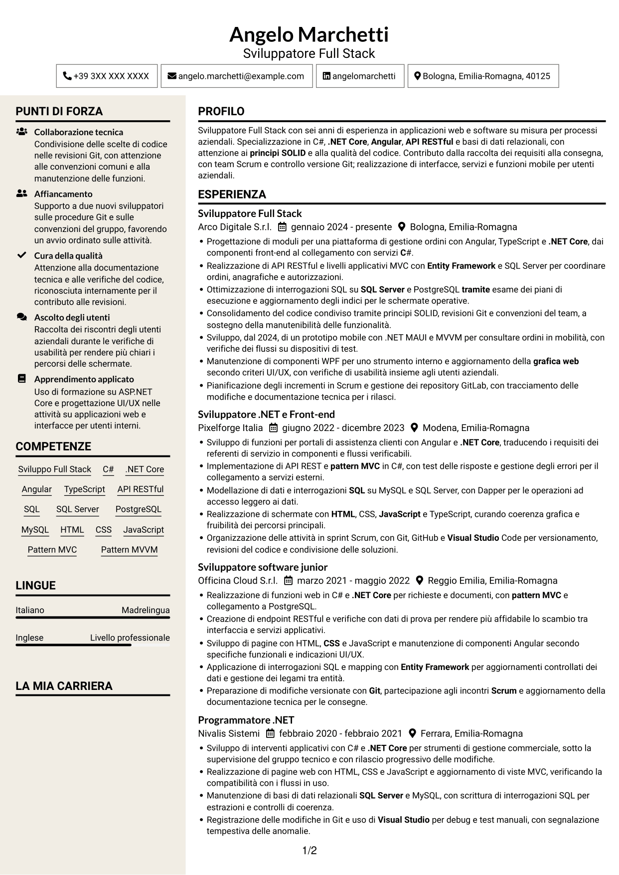 CV Intraprendente (formato a due colonne con intestazione centrata senza foto): Sviluppatore Full Stack - Angular e .NET, pagina 1