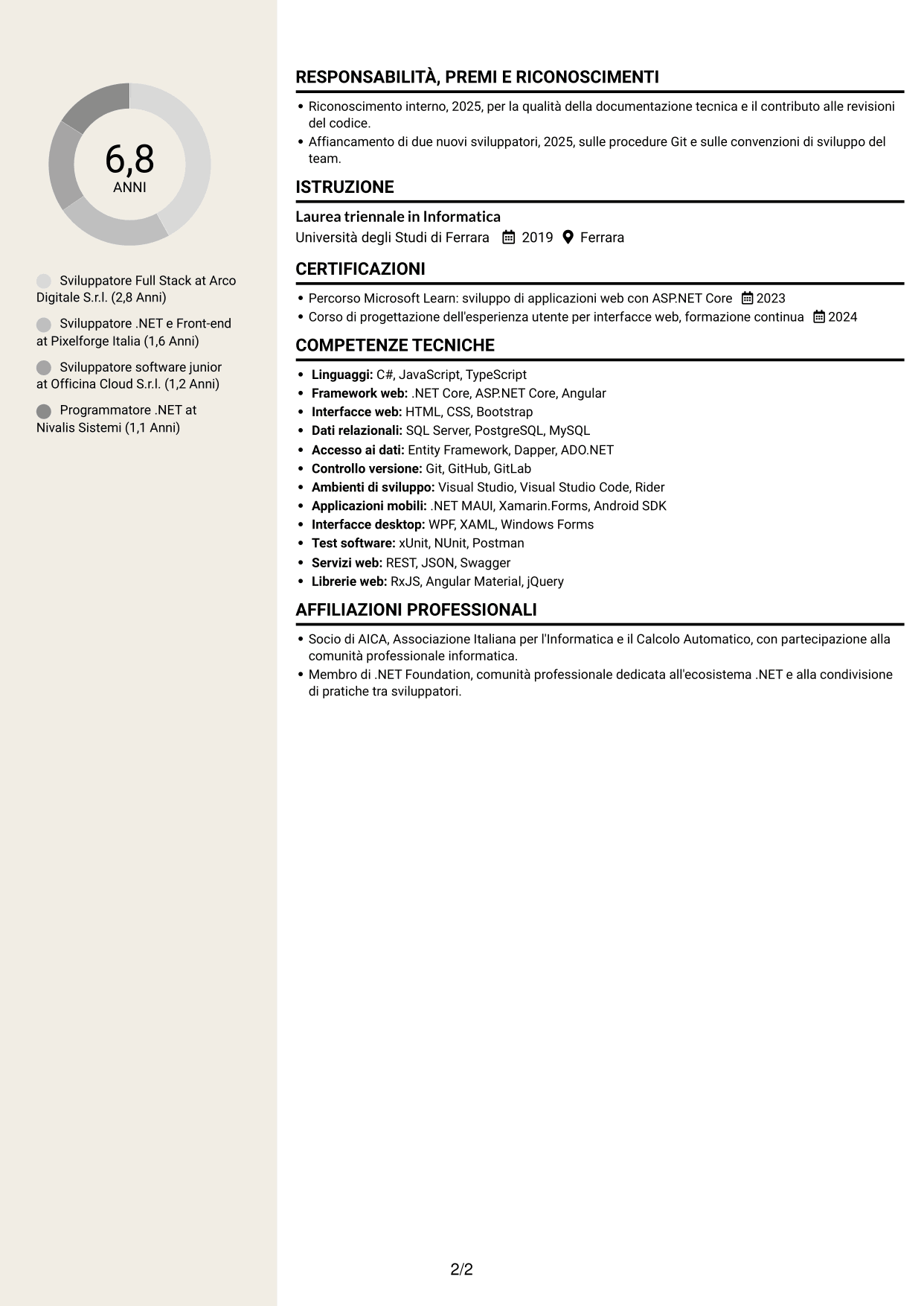 CV Intraprendente (formato a due colonne con intestazione centrata senza foto): Sviluppatore Full Stack - Angular e .NET, pagina 2