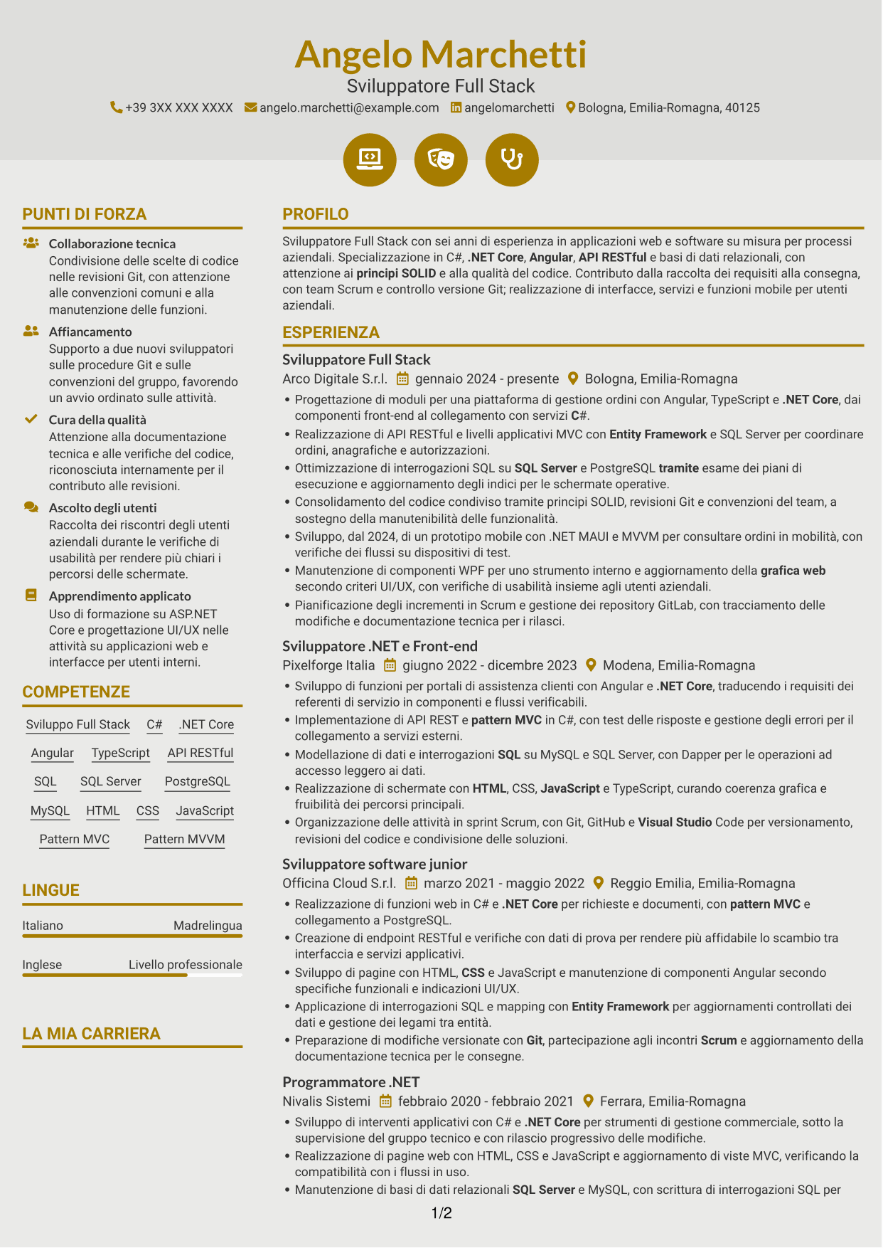 CV Dinamico (formato a due colonne con icone): Sviluppatore Full Stack - Angular e .NET, pagina 1