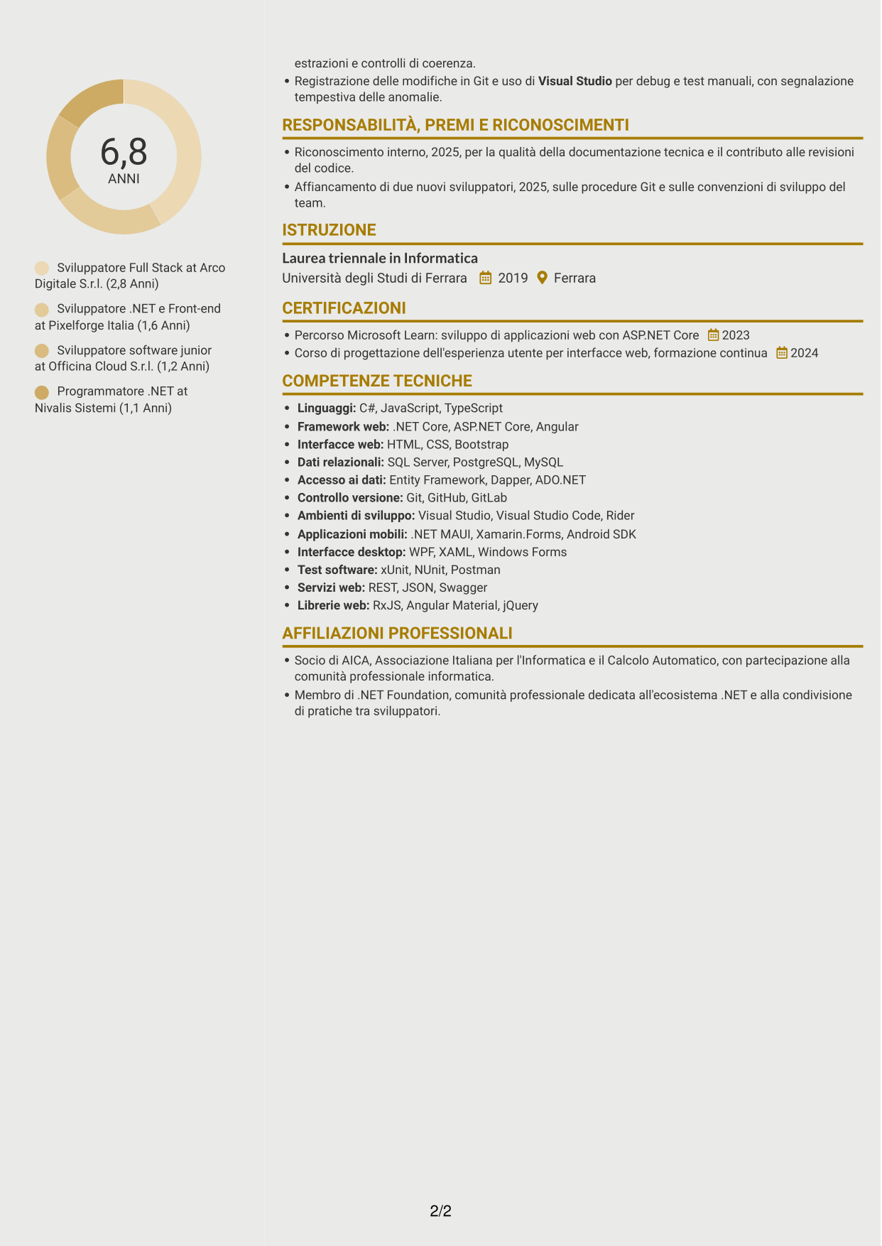 CV Dinamico (formato a due colonne con icone): Sviluppatore Full Stack - Angular e .NET, pagina 2