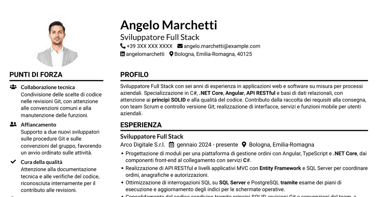 7 modelli di CV per Sviluppatore Full Stack - Angular e .NET, con esempi