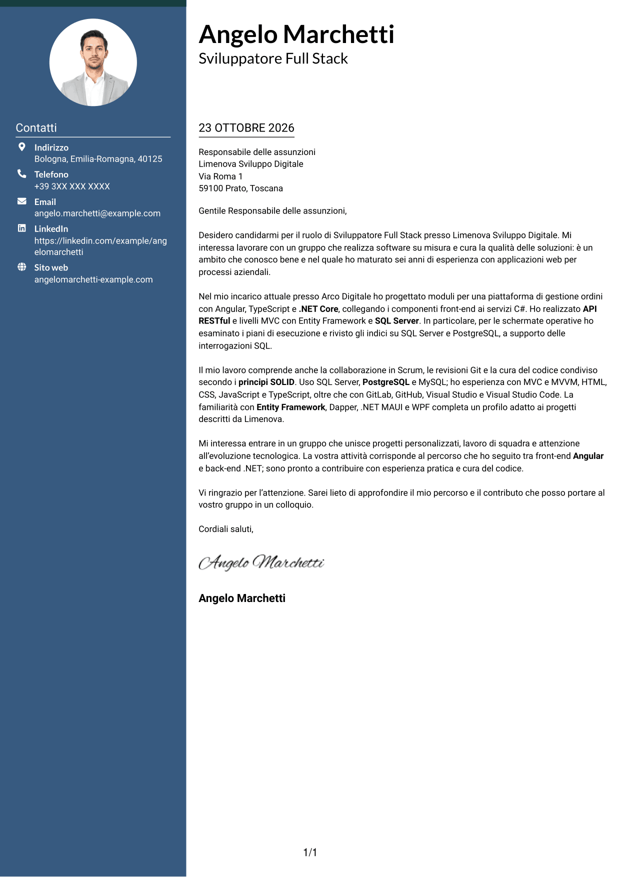Lettera di presentazione Elegante (formato con colonna laterale colorata e foto): Sviluppatore Full Stack - Angular e .NET, pagina 1