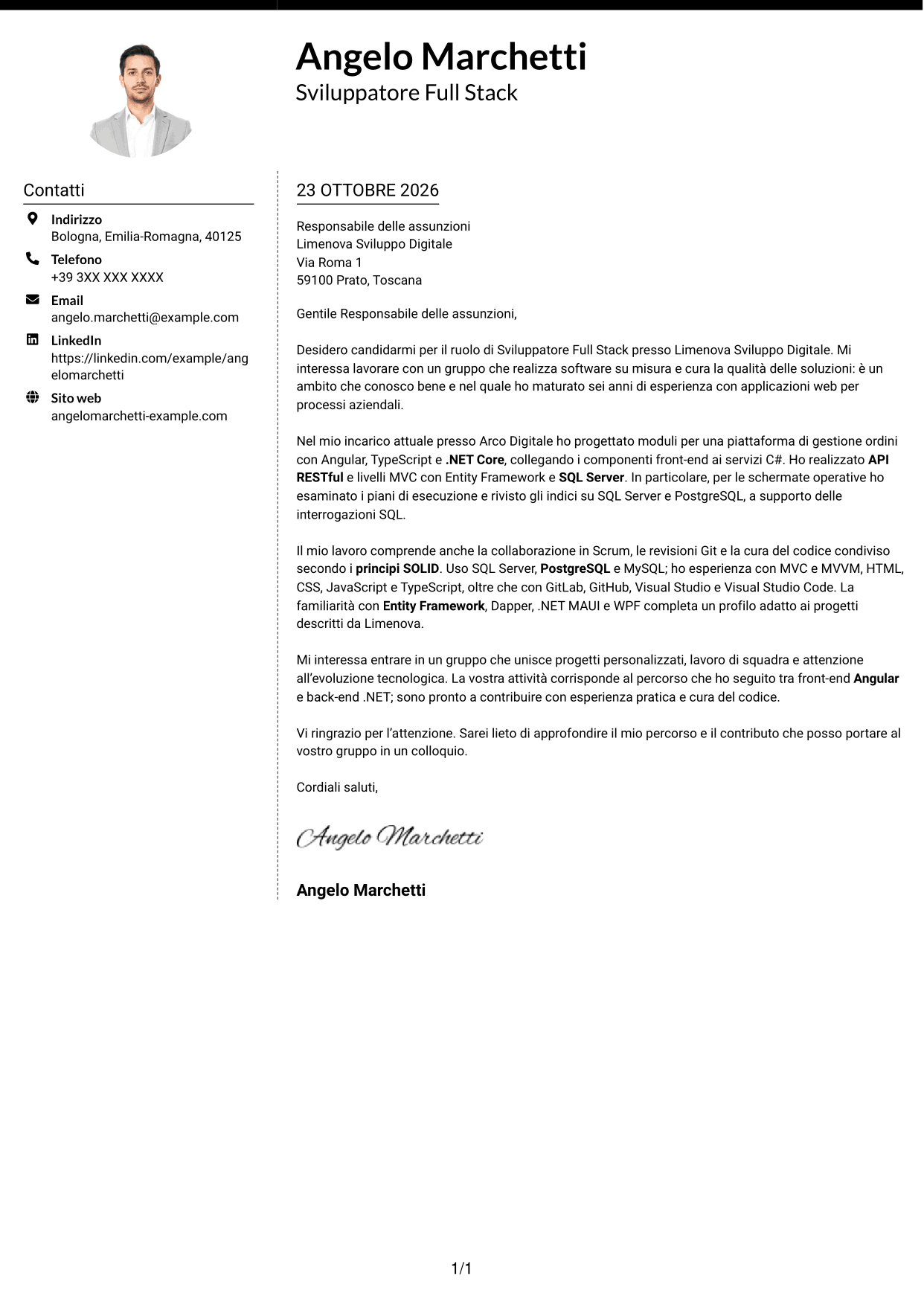 Lettera di presentazione Moderno (formato a due colonne con foto a sinistra e separatore): Sviluppatore Full Stack - Angular e .NET, pagina 1