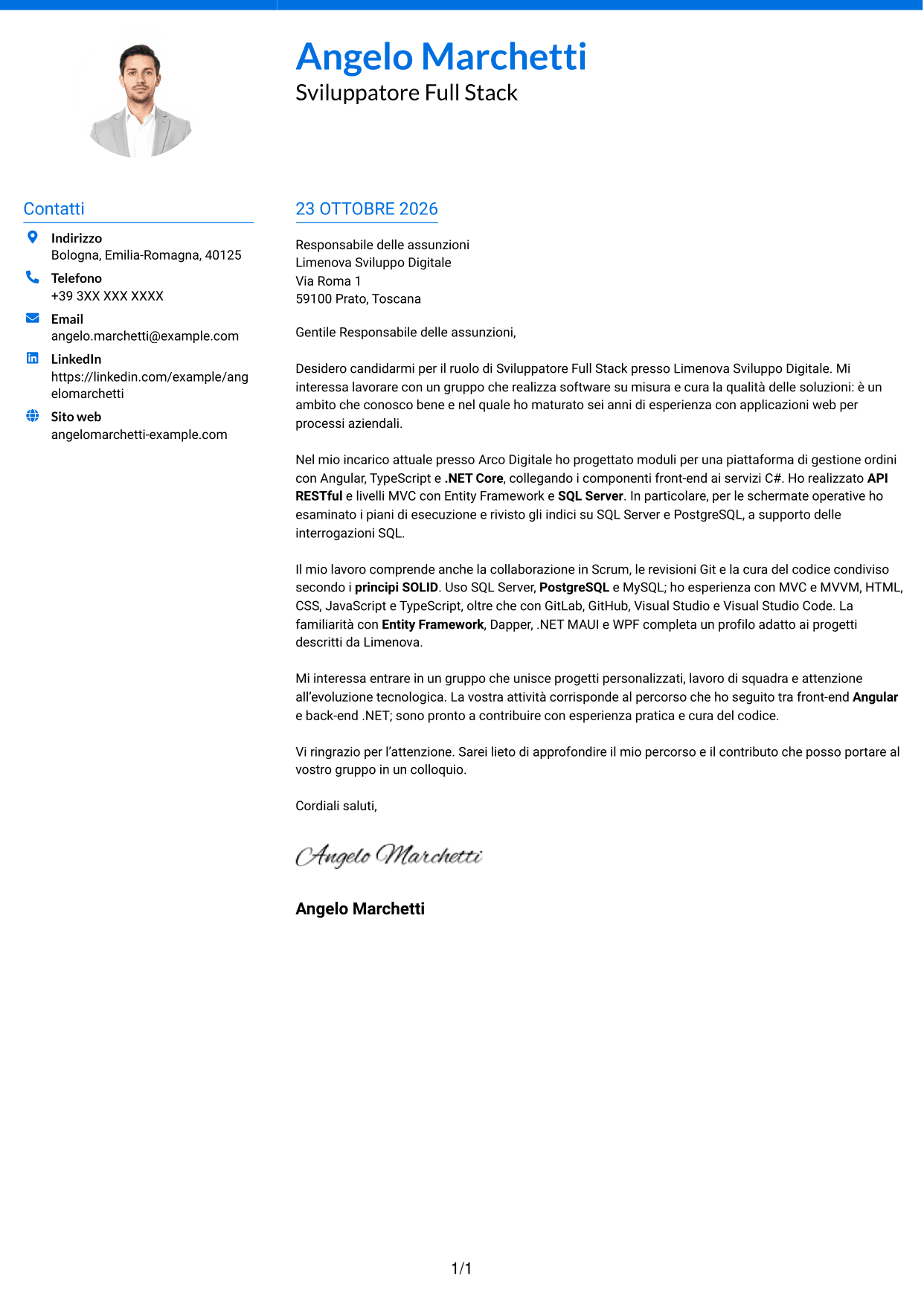 Lettera di presentazione Audace (formato a due colonne con accenti colorati e foto): Sviluppatore Full Stack - Angular e .NET, pagina 1