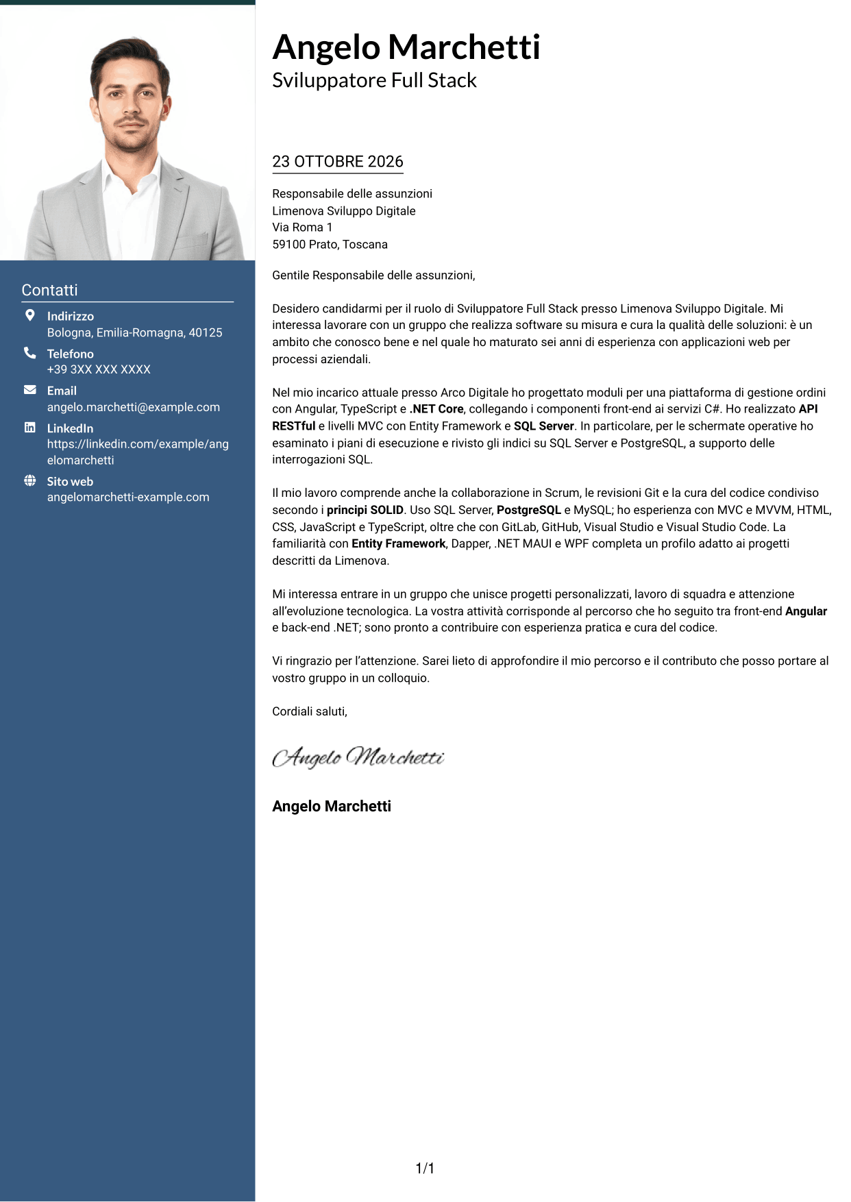 Lettera di presentazione Signature (formato con colonna laterale colorata e foto grande): Sviluppatore Full Stack - Angular e .NET, pagina 1