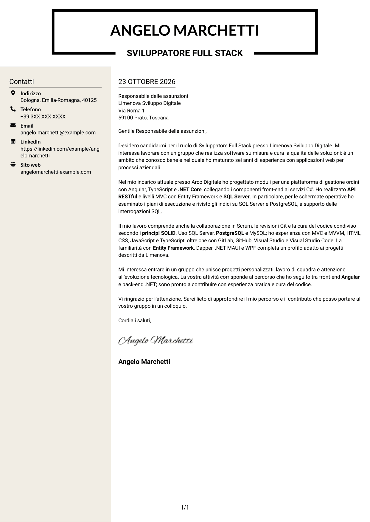 Lettera di presentazione Intraprendente (formato a due colonne con intestazione centrata senza foto): Sviluppatore Full Stack - Angular e .NET, pagina 1