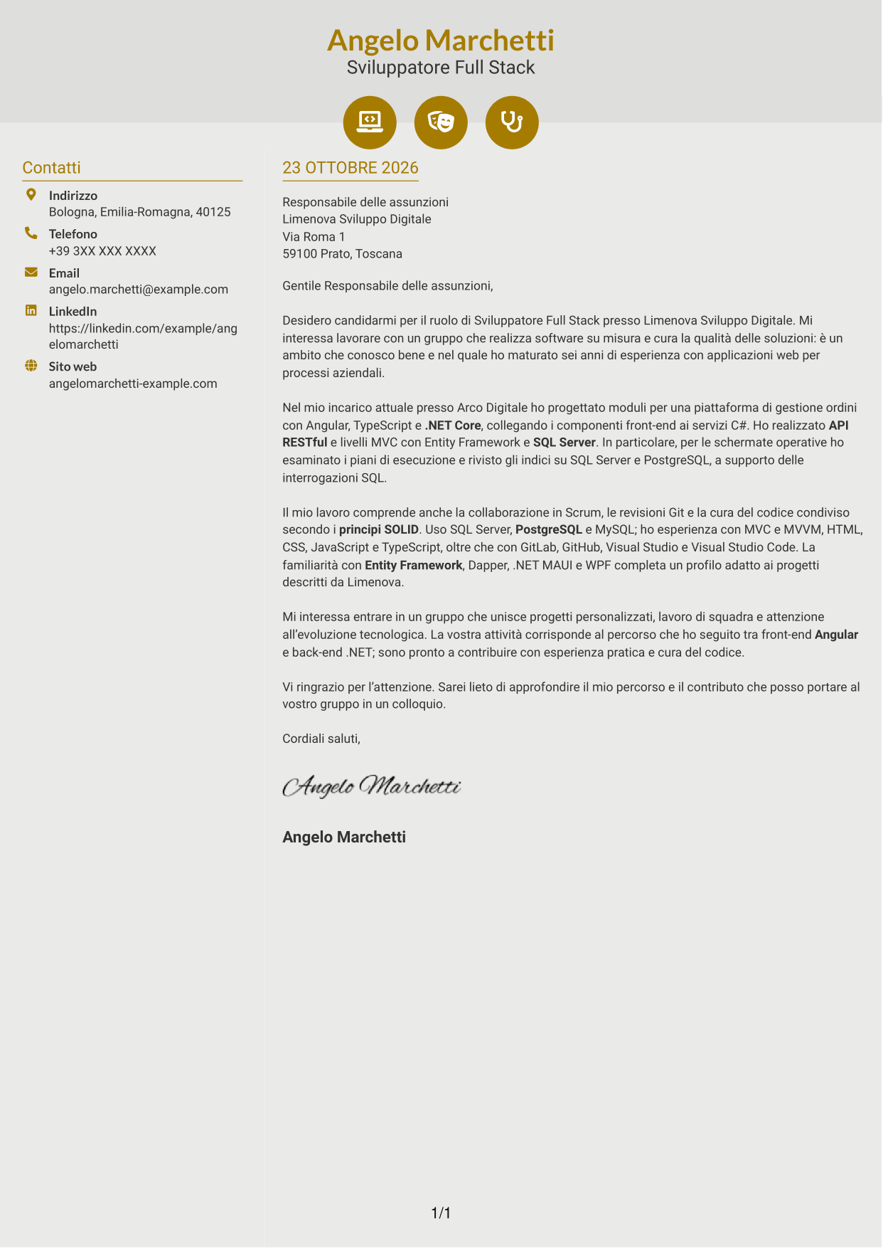 Lettera di presentazione Dinamico (formato a due colonne con icone): Sviluppatore Full Stack - Angular e .NET, pagina 1