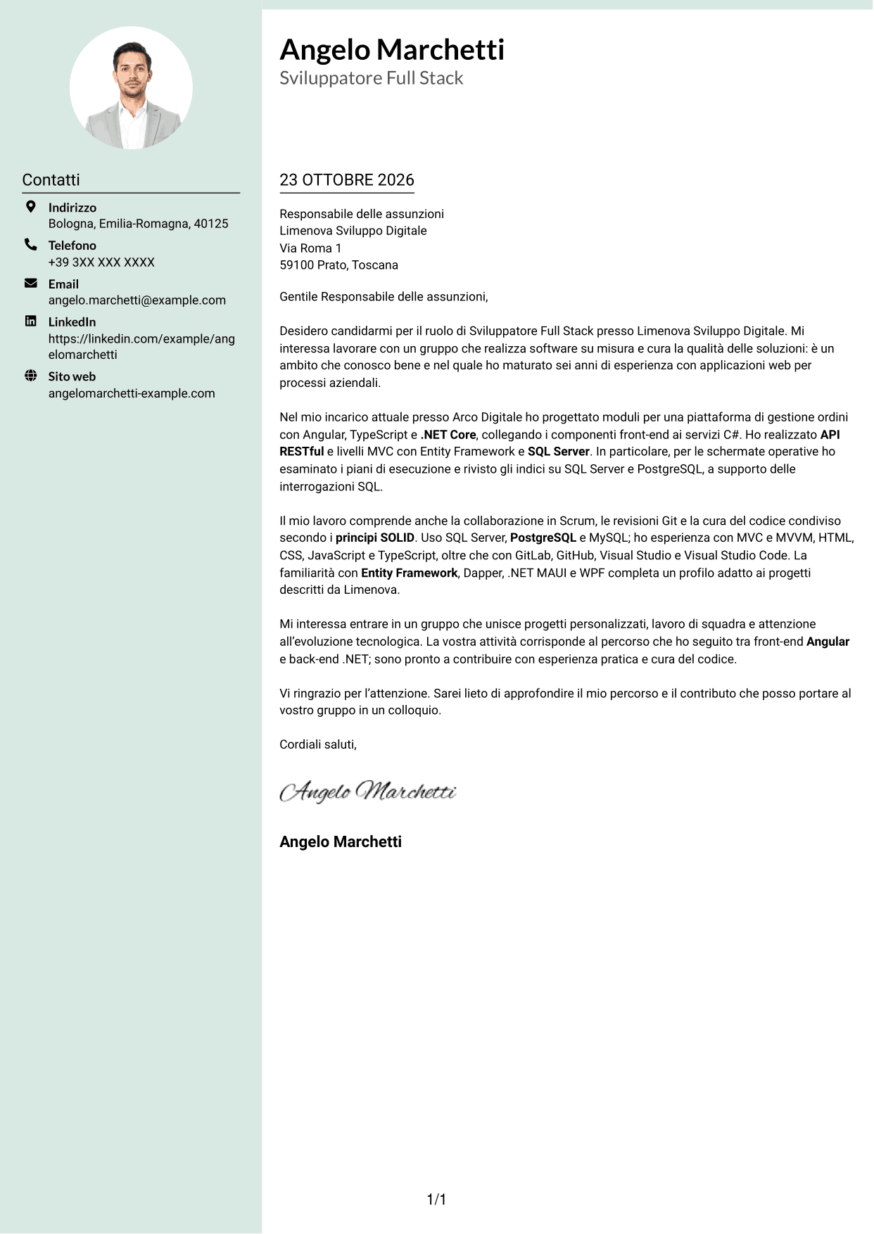 Lettera di presentazione Dirigente (formato con colonna laterale tenue e foto arrotondata): Sviluppatore Full Stack - Angular e .NET, pagina 1