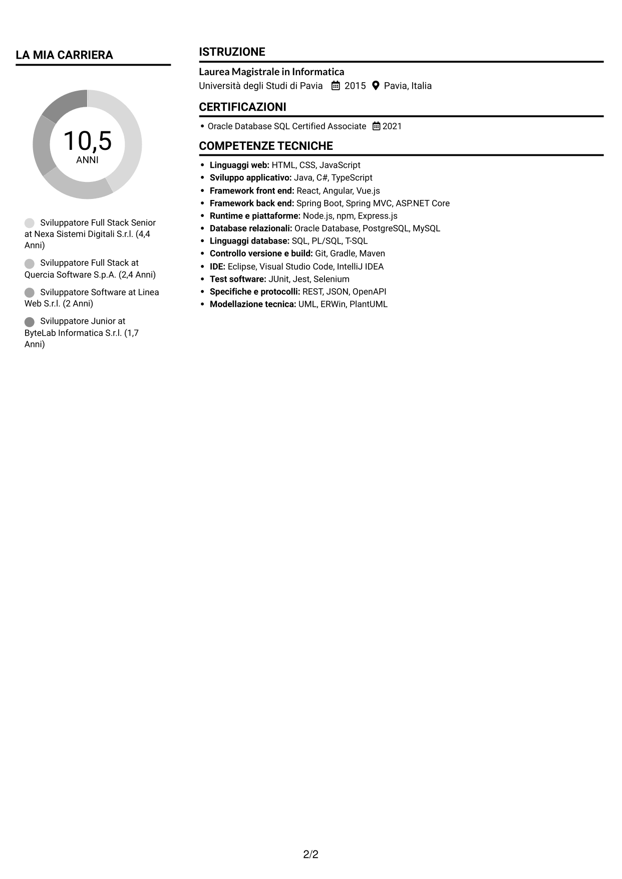 CV Compatto (formato sobrio a due colonne con foto): Sviluppatore Full Stack - Integrazione dei servizi e digitalizzazione dei processi, pagina 2