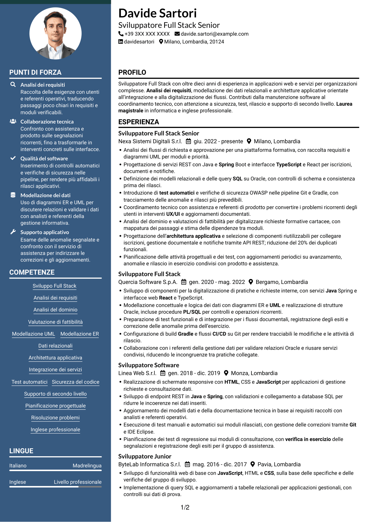 CV Elegante (formato con colonna laterale colorata e foto): Sviluppatore Full Stack - Integrazione dei servizi e digitalizzazione dei processi, pagina 1