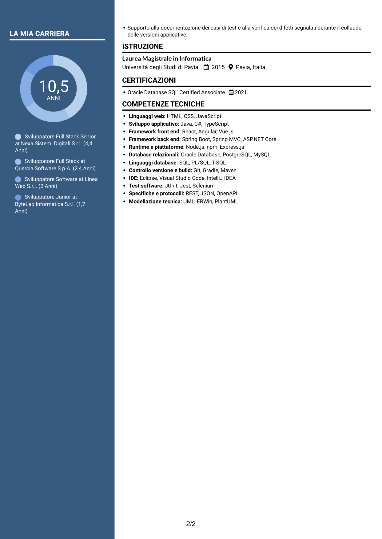 CV Elegante (formato con colonna laterale colorata e foto): Sviluppatore Full Stack - Integrazione dei servizi e digitalizzazione dei processi, pagina 2