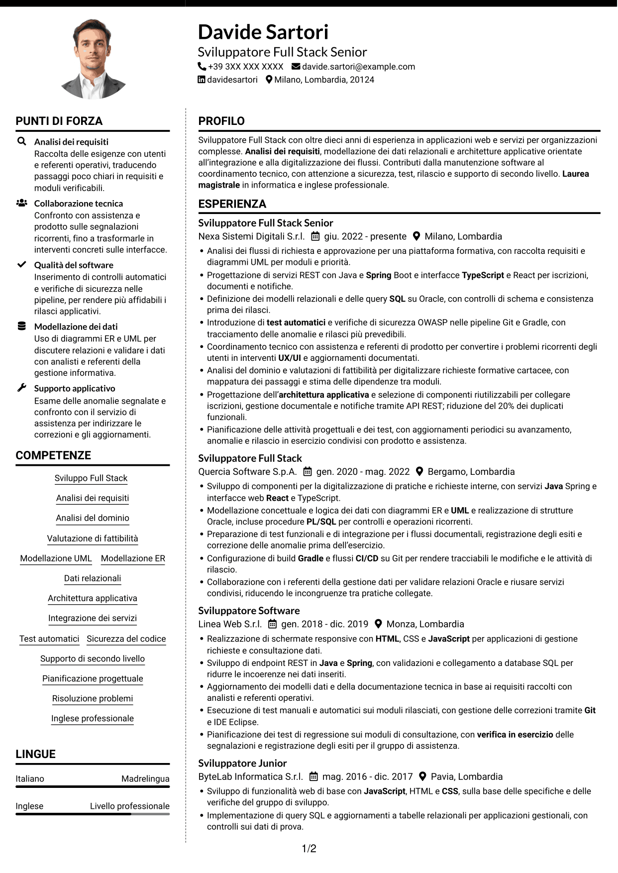 CV Moderno (formato a due colonne con foto a sinistra e separatore): Sviluppatore Full Stack - Integrazione dei servizi e digitalizzazione dei processi, pagina 1