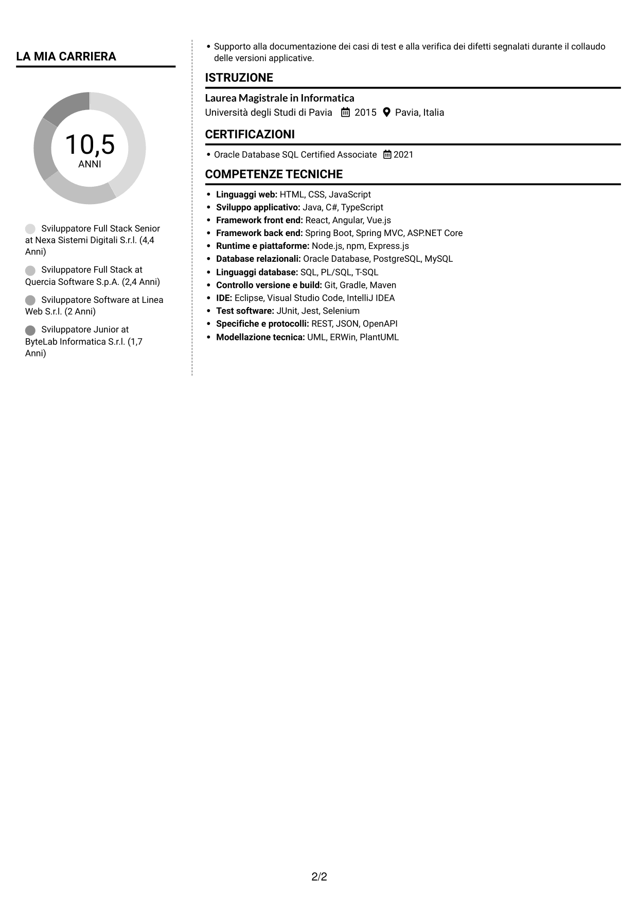 CV Moderno (formato a due colonne con foto a sinistra e separatore): Sviluppatore Full Stack - Integrazione dei servizi e digitalizzazione dei processi, pagina 2