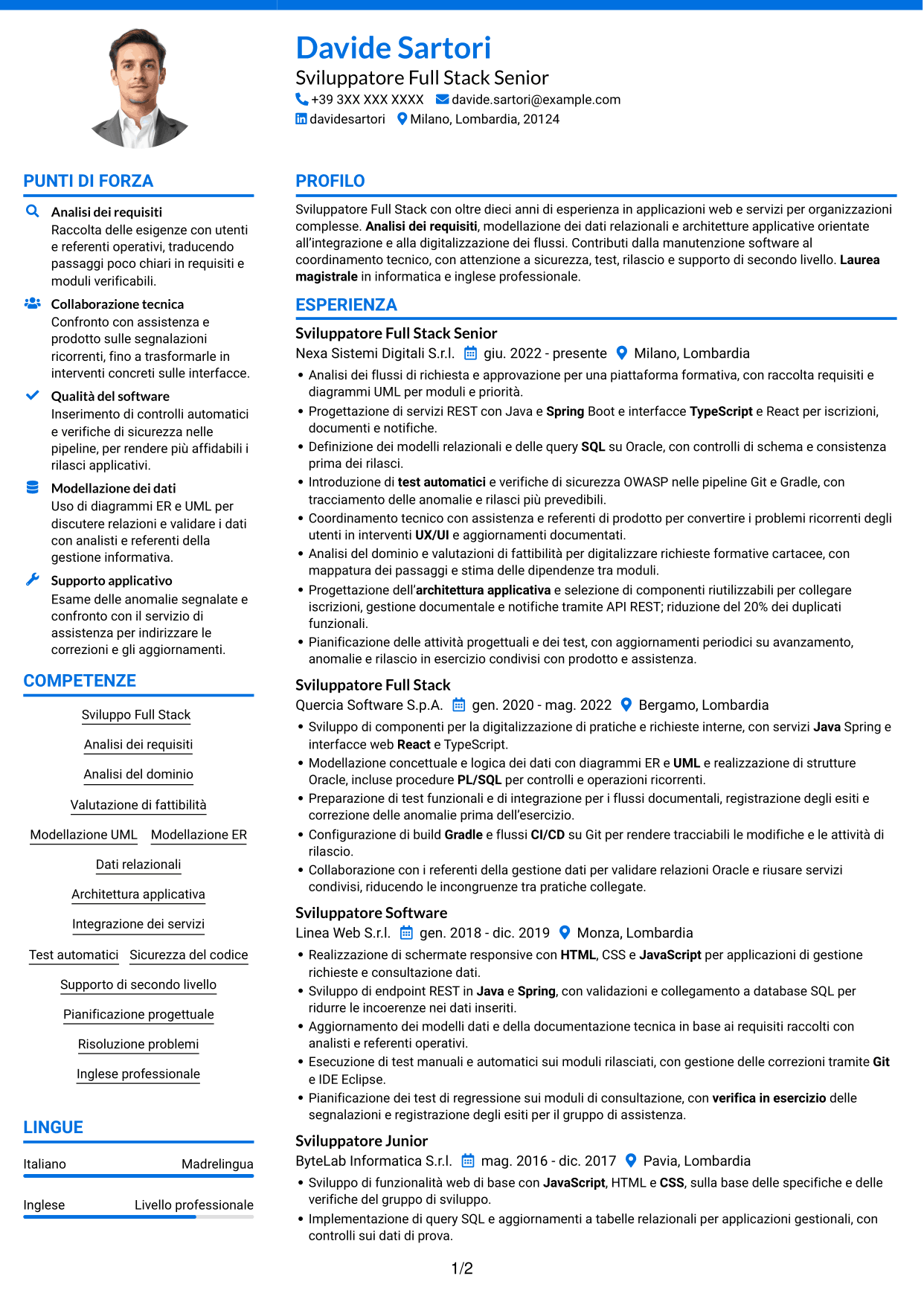CV Audace (formato a due colonne con accenti colorati e foto): Sviluppatore Full Stack - Integrazione dei servizi e digitalizzazione dei processi, pagina 1